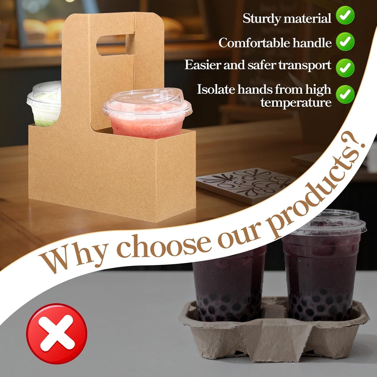 100 Pack 2-Cup/4-Cup Paper Drink Carrier with Handles, Disposable Brown Paperboard Cup Holder for Delivery Foldable Beverage Tray for Hot/Cold Drinks, Coffee to Go, Takeout