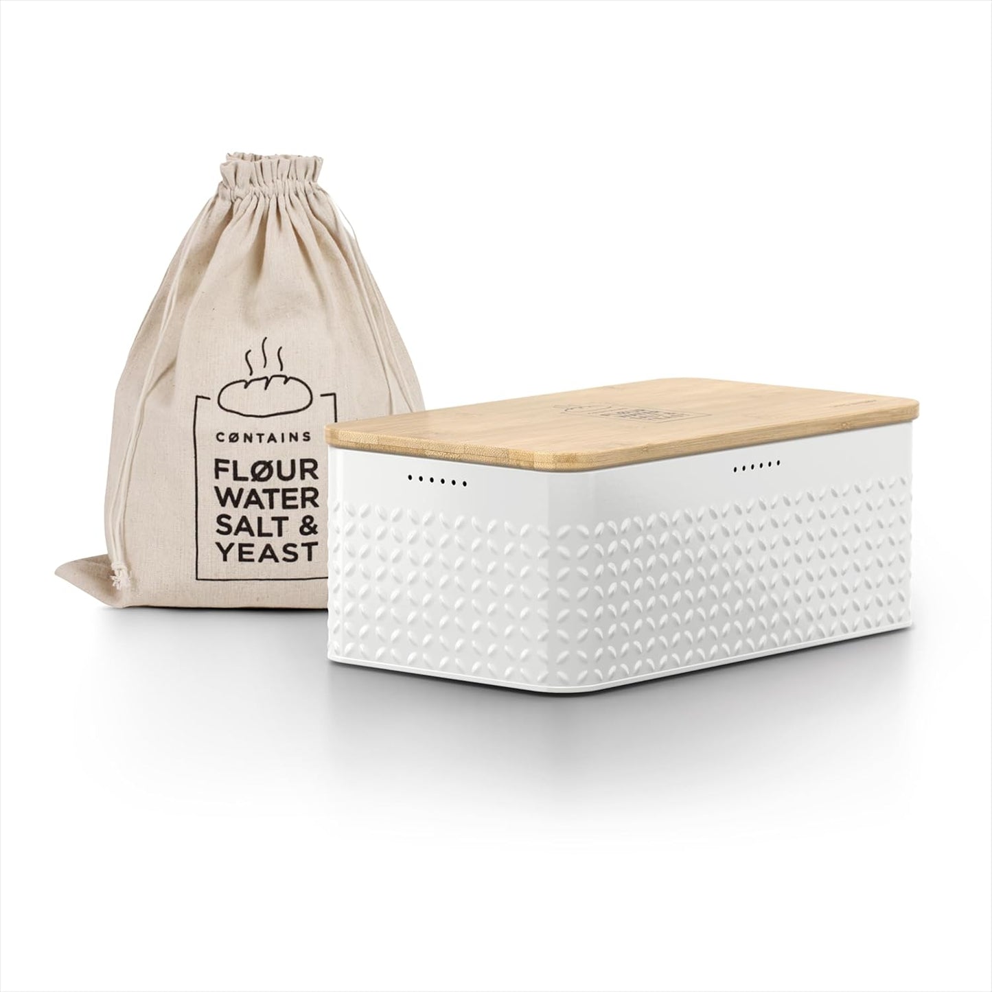 LARS NYSØM Bread Box I Metal Box with linen bag for long lasting freshness I Bread Bin with bamboo lid usable as cutting board I 13.4x7.3x5.3In (Pure White)