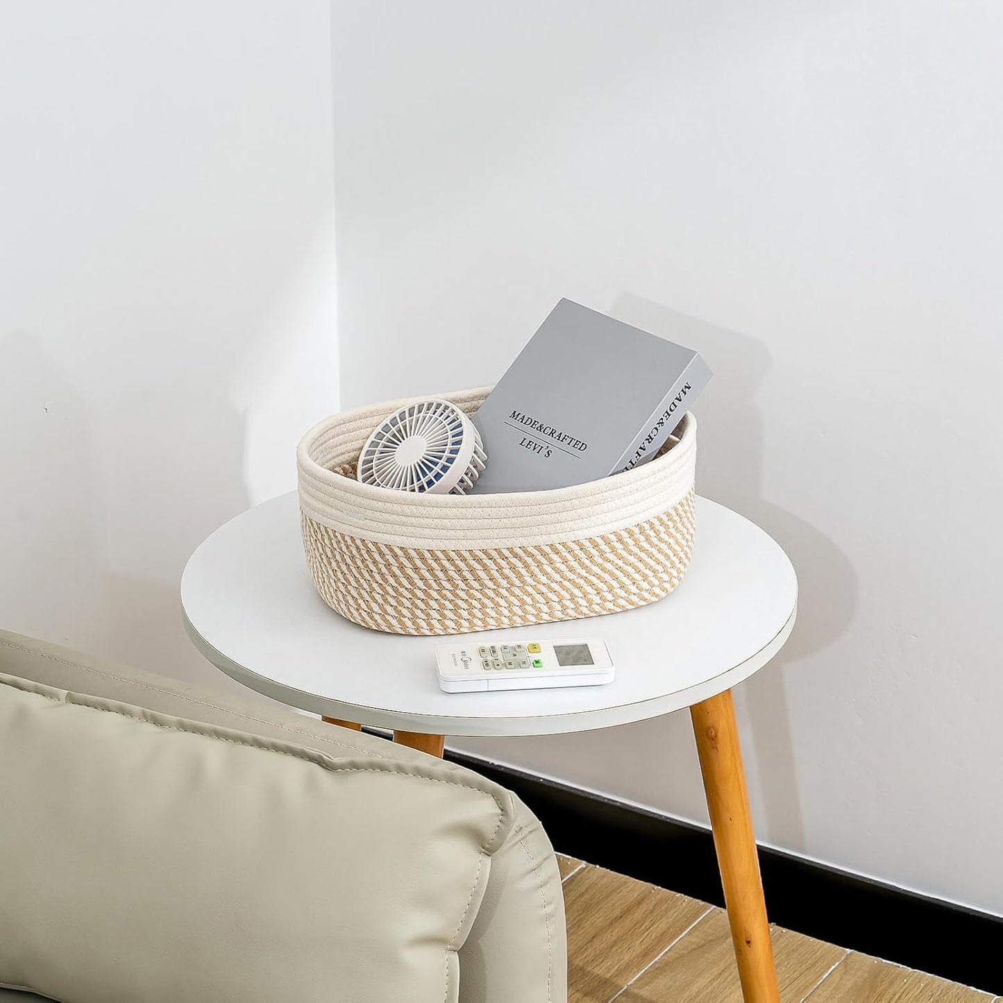 CubesLand Small Storage Baskets for Shelves, Closet Organization Bins Empty Gift Basket 2 Packs Baby Nursery Woven Organizing, Rectangular Clothes Shelves Off White/Mixed Camel