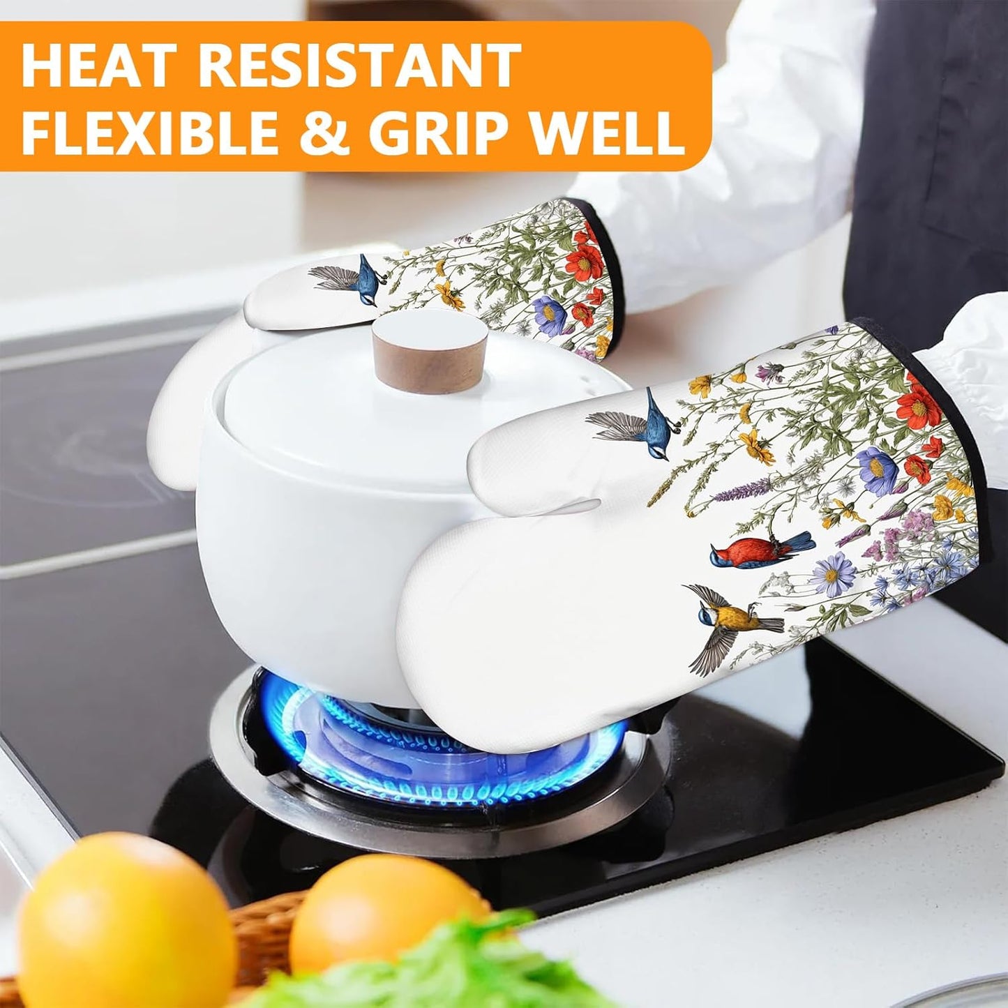 Wildflowers Birds Oven Mitts and Pot Holders Sets 4Pcs,Extra Long Oven Gloves Potholder for Kitchen Cooking Baking BBQ 100% Cotton Heat Resistant