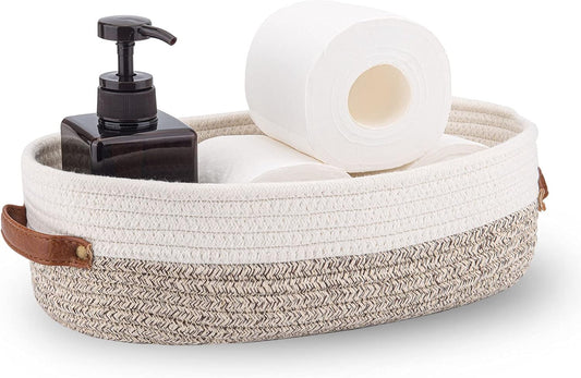 Woven Storage Basket for Toilet Tank Top,Farmhouse Home Decor Organizing Basket for Bathroom,Table and Counter 13"x5.9"x4" Apricot Stitching White