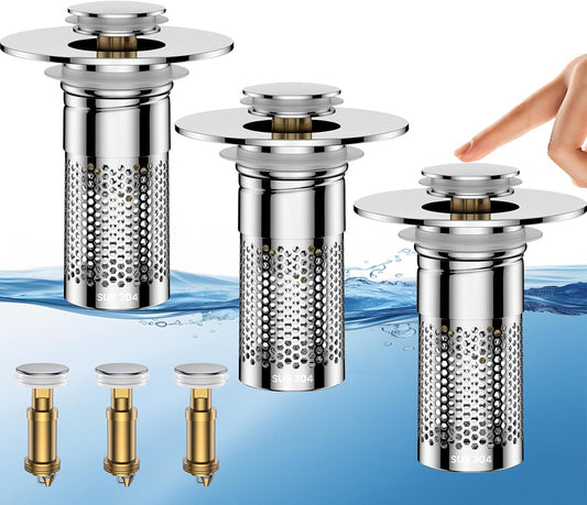 Bathroom Sink Drain Strainer,Universal Pop-Up Sink Stopper Hair Catcher, Anti-Clog Stainless Steel Drain Filter Basket, Removable Sink Drain for Bathroom Sink Stopper Replacement