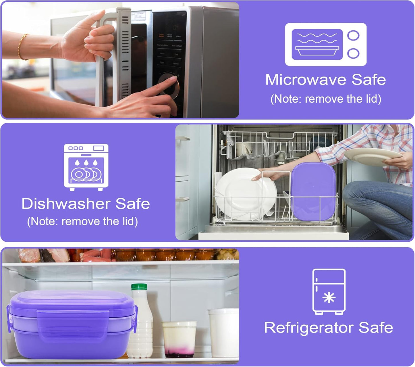 JBGOYON® Bento Lunch Box with Bag - All-in-One Stackable Lunch Containers with 3 Layers for Adults & Kids, 1900 ML Modern Bento-Style Design, Built-in Utensil Set, Lunch Bag (Purple)