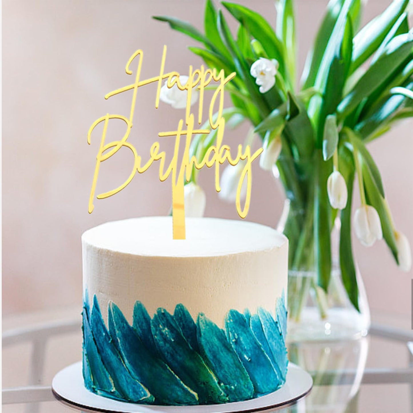Happy Birthday Cake Topper, Gold Mirror Acrylic Happy Birthday Cake Sign Decorations