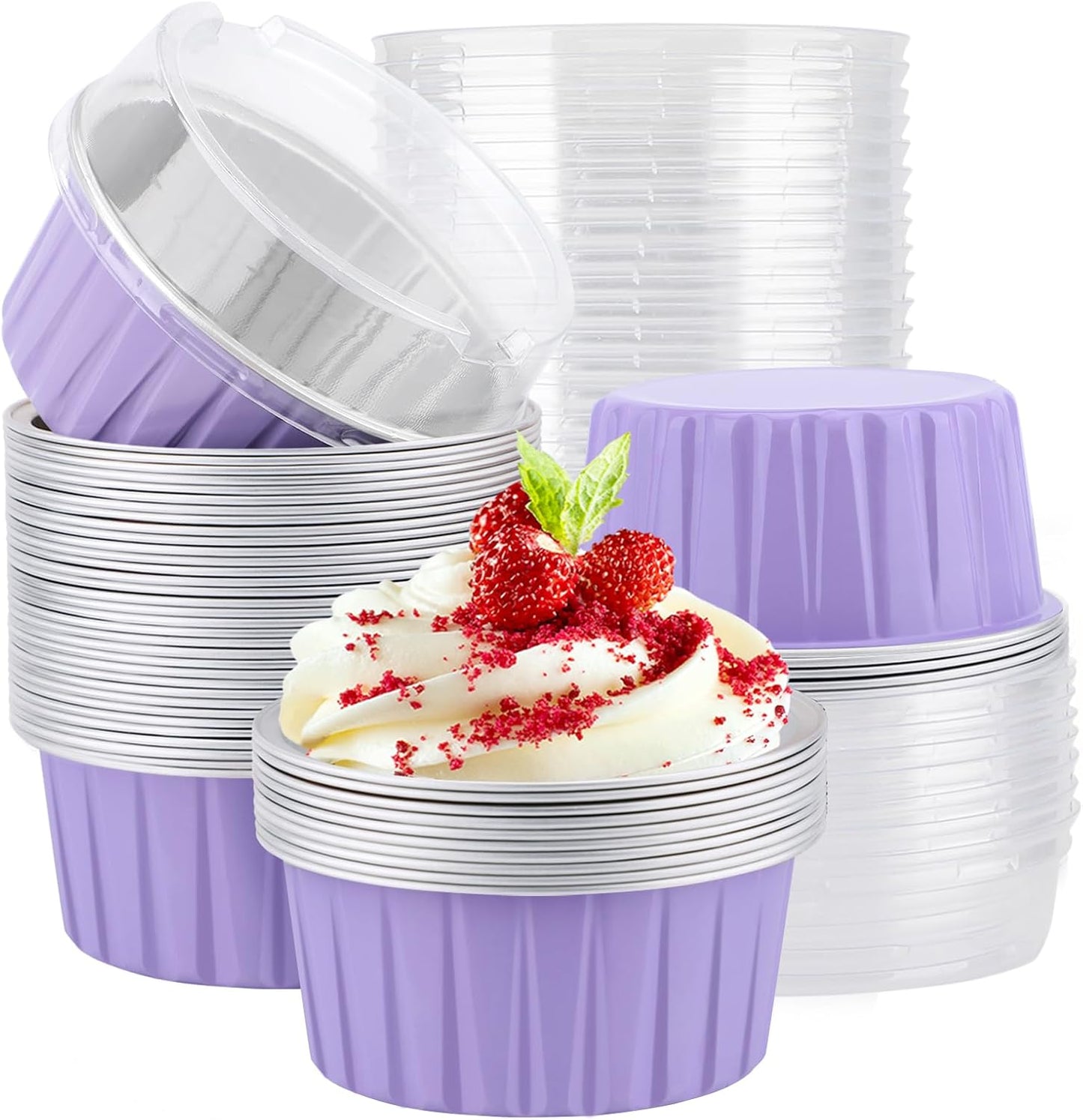 EUSOAR Cupcake Liners, 30pcs 5oz Mini Cake Pans Aluminum Foil Baking Cups with Lids, Cheesecake Muffin Cups, Disposable Dessert Containers Tin for Flan Creme Brulee Souffle Custard Pudding