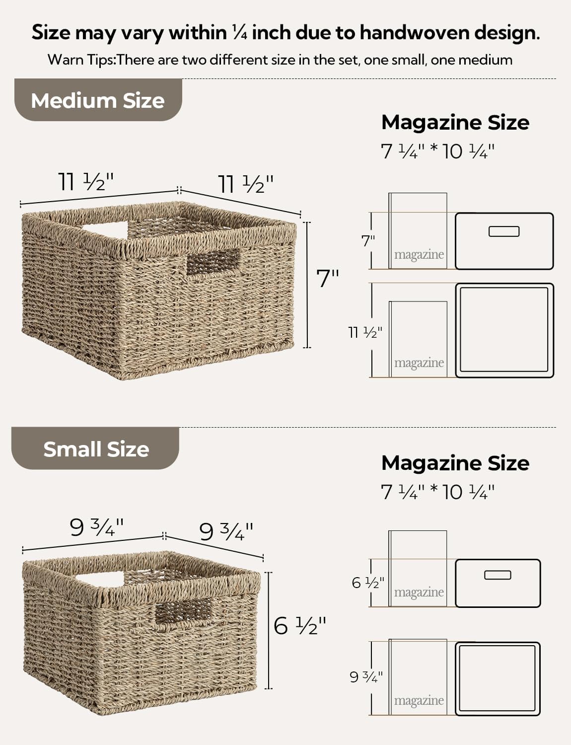 StorageWorks Wicker Storage Baskets, Handwoven Seagrass Basket for Organizing, Decorative Wicker Baskets with Built-in Handles, Set of 2