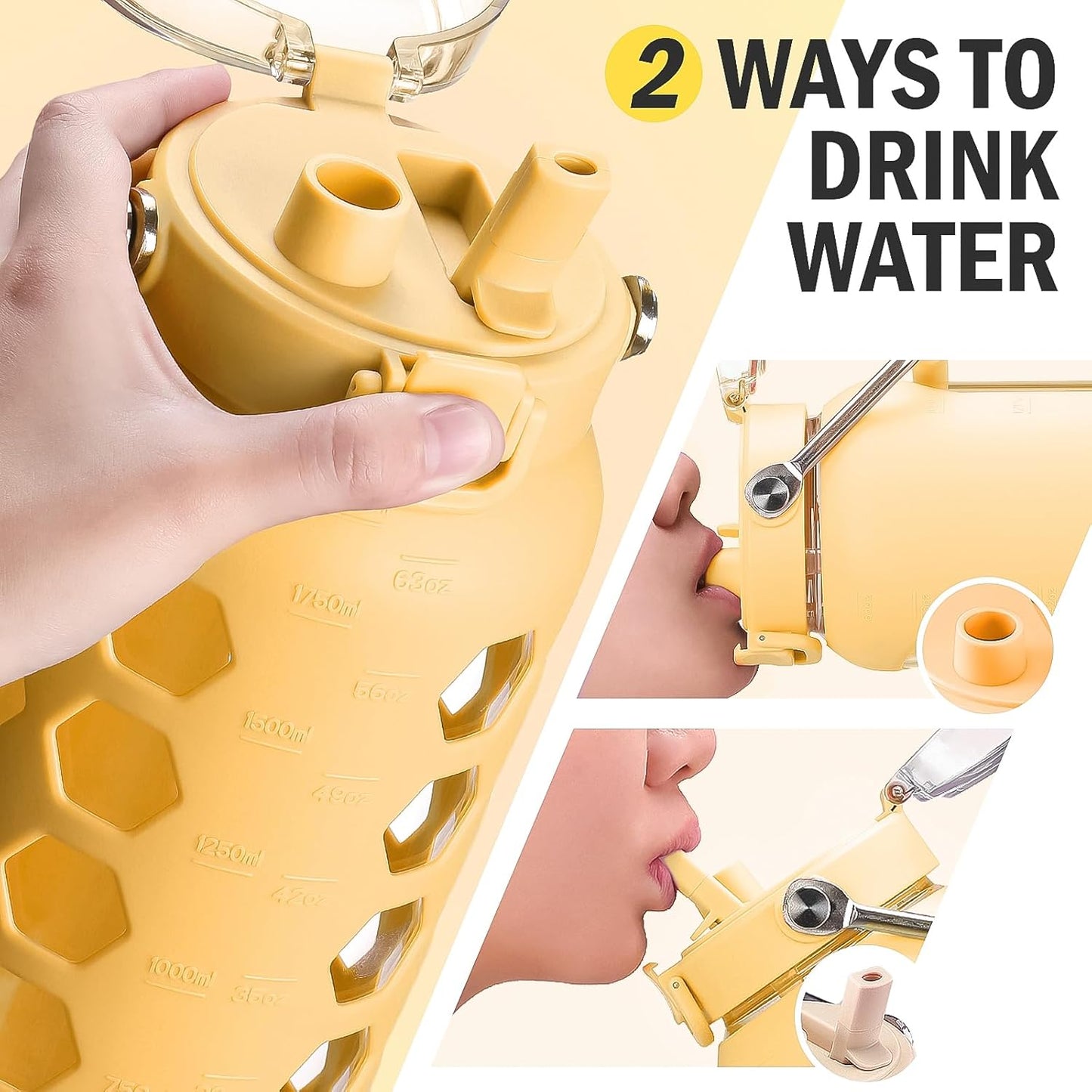 MUKOKO 64oz Glass Water Bottles with Straw and Lid,Half Gallon Water Bottle with Time Marker,Large Glass Water Jug with Silicone Sleeve and Stainless Steel Handle-Yellow