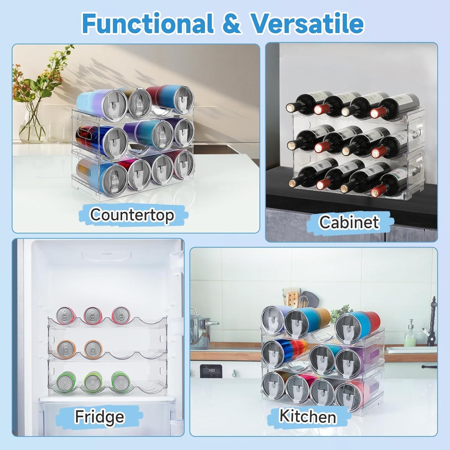 Large Compartment Water Bottle Organizer Rack,3 Pack Stackable Tumbler Storage for Kitchen Fridge Cabinet Organization and Storage,Wine/Drink/Water Bottle Storage Organizer