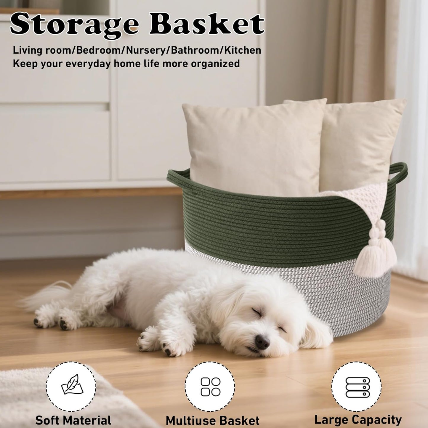 Large Blanket Basket for Organizing,115L Closet Organizers and Storage Bins Box for Shelves Woven Rope Storage Baskets,Living Room,Bedroom,Dorm,Laundry room (Green&White)