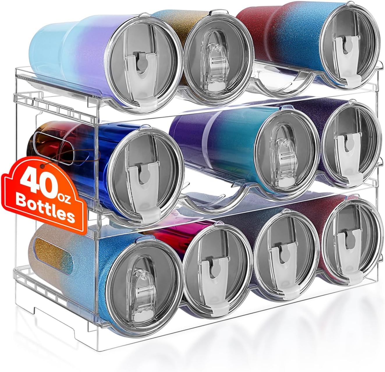 Large Compartment Water Bottle Organizer Rack,3 Pack Stackable Tumbler Storage for Kitchen Fridge Cabinet Organization and Storage,Wine/Drink/Water Bottle Storage Organizer