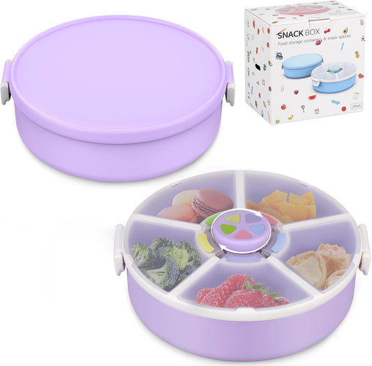 Snack Spinner Set for Kids – 2-Pack, Includes Rotating Snack Container & Classic Sectioned Snack Box, BPA-Free, Dishwasher Safe, Perfect for Travel, Purple
