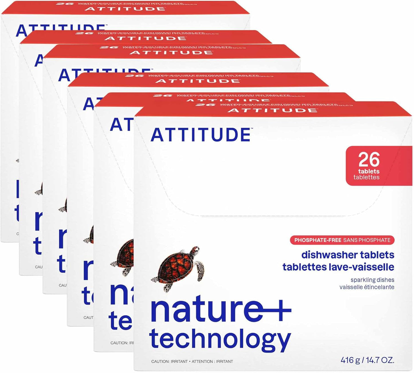 ATTITUDE Dishwasher Pods, Plant-Based & Vegan, Phosphate-Free Detergent Tablets, Naturally Derived, Unscented, 26 Count (Pack of 6)