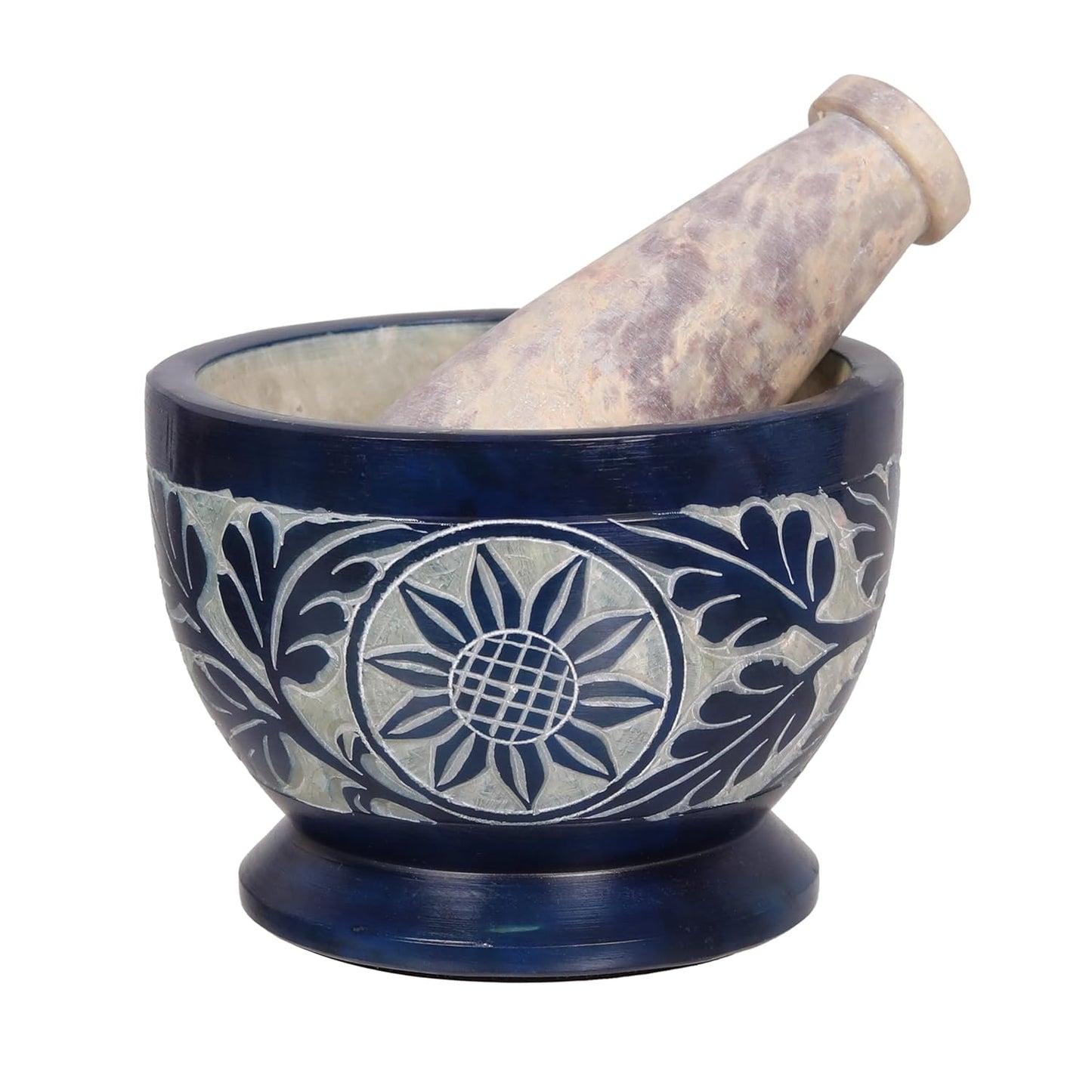 Mortar and Pestle, Made of Heavy Duty Polished Hard Stone, Natural Stone Grinder for Spices, Pastes, Herbs, Seasoning etc. (Blue)