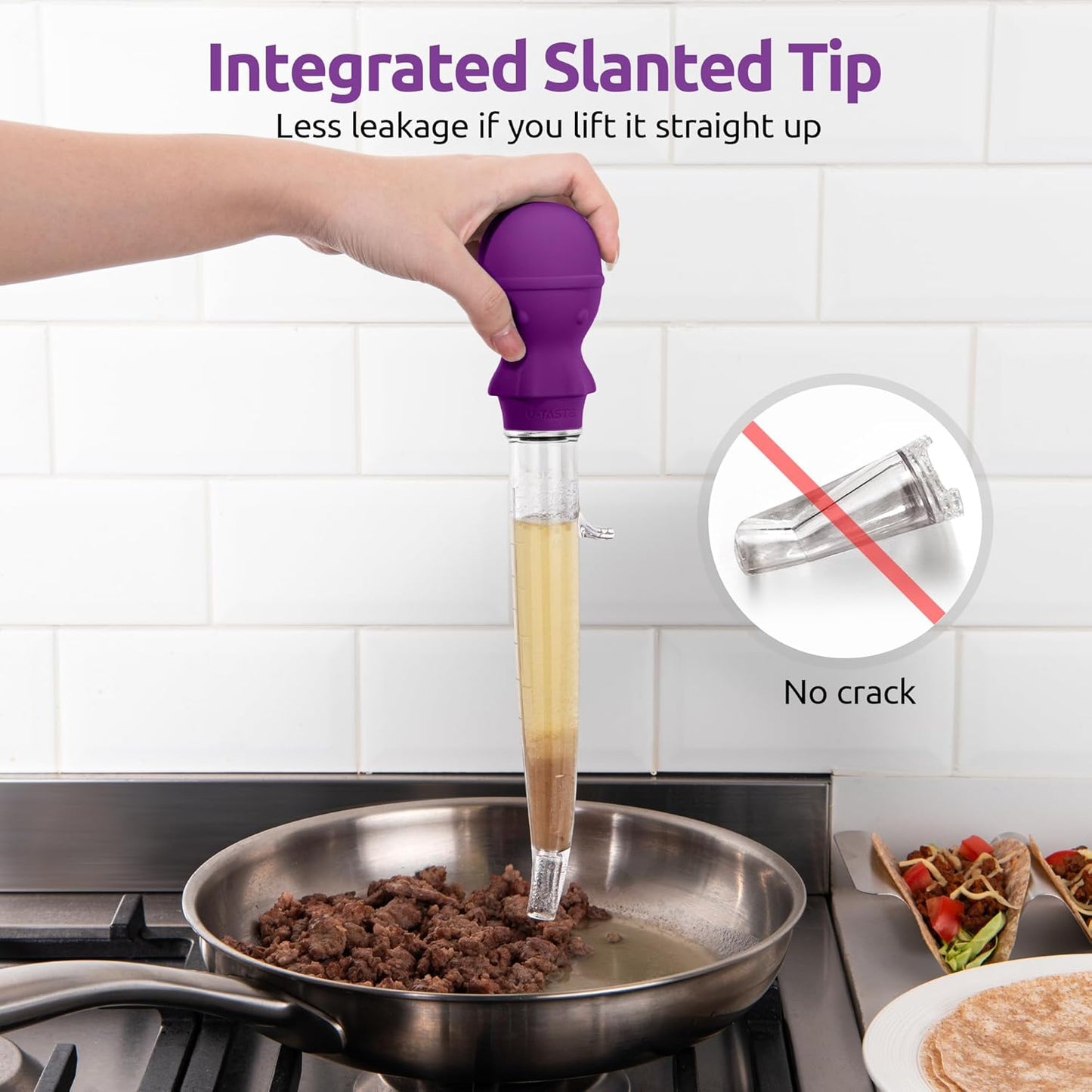 U-Taste 1.5oz Angled Turkey Baster - 228.2ºF Heat Resistant Food Grade Tritan and Silicone Large Octopus Bulb Baster Set with Cleaning Brush for Cooking Basting Meat Poultry Beef Chicken (Purple)
