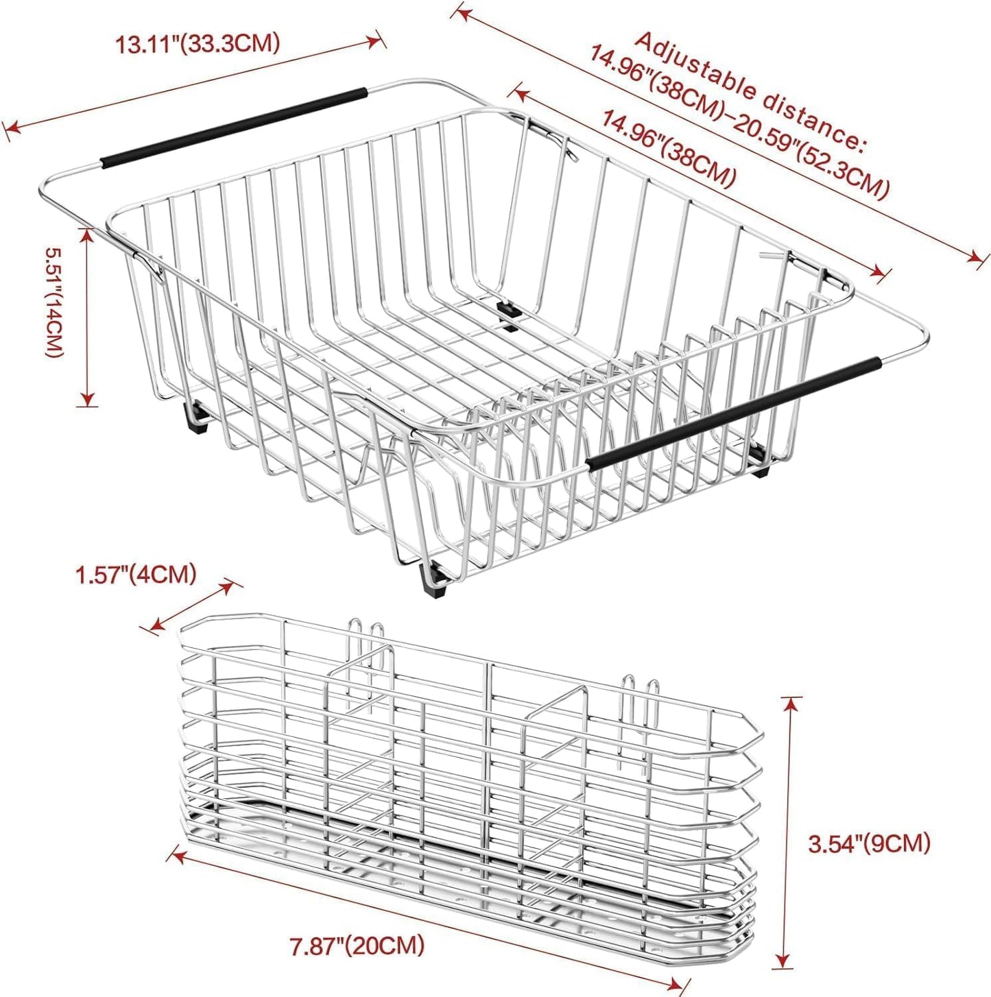 Large Sink Dish Drying Rack, Expandable 304 Stainless Steel Metal Dish Drainer Rack Organizer Shelves with Stainless Steel Utensil Holder Over Inside Sink, Rustproof