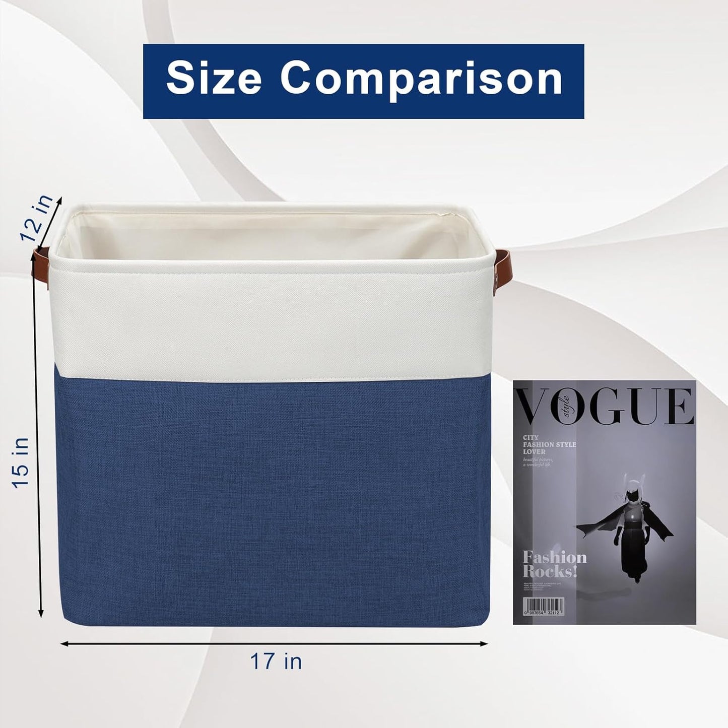 Large Fabric Storage Baskets | 50L Storage Bins, Decorative Linen Closet Baskets with Handles for Organizing, Shelf, Toys, Clothes, Home, Office, Nursery, 17x12x15Inches (Navyblue&White)