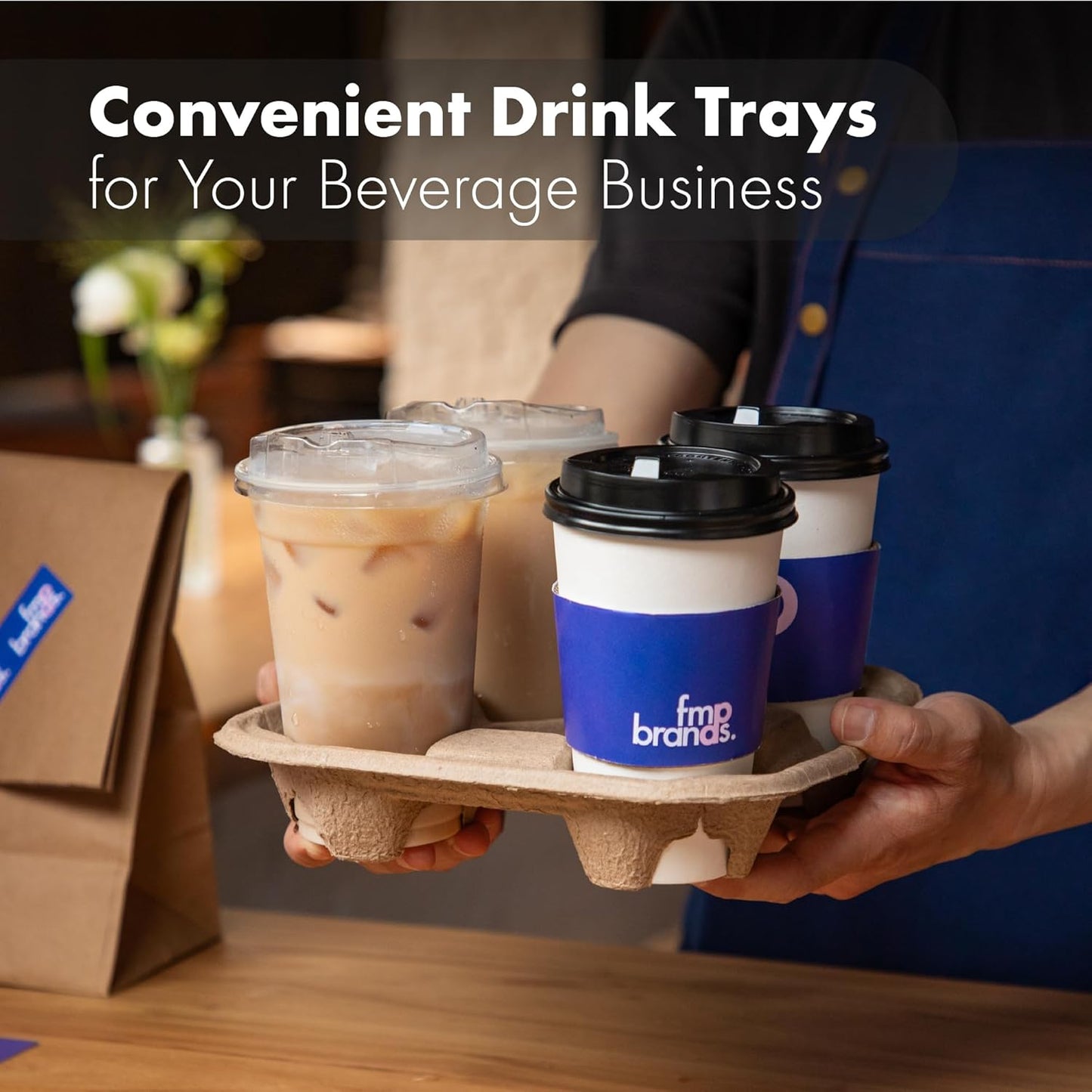 FMP Brands 4 Cup Disposable Drink Carrier Trays, 320 Pack Compostable Pulp Fiber Cup Holder for 8-32oz Cup, Durable to Go Coffee Cup Holders for Delivery Service, Uber Eats