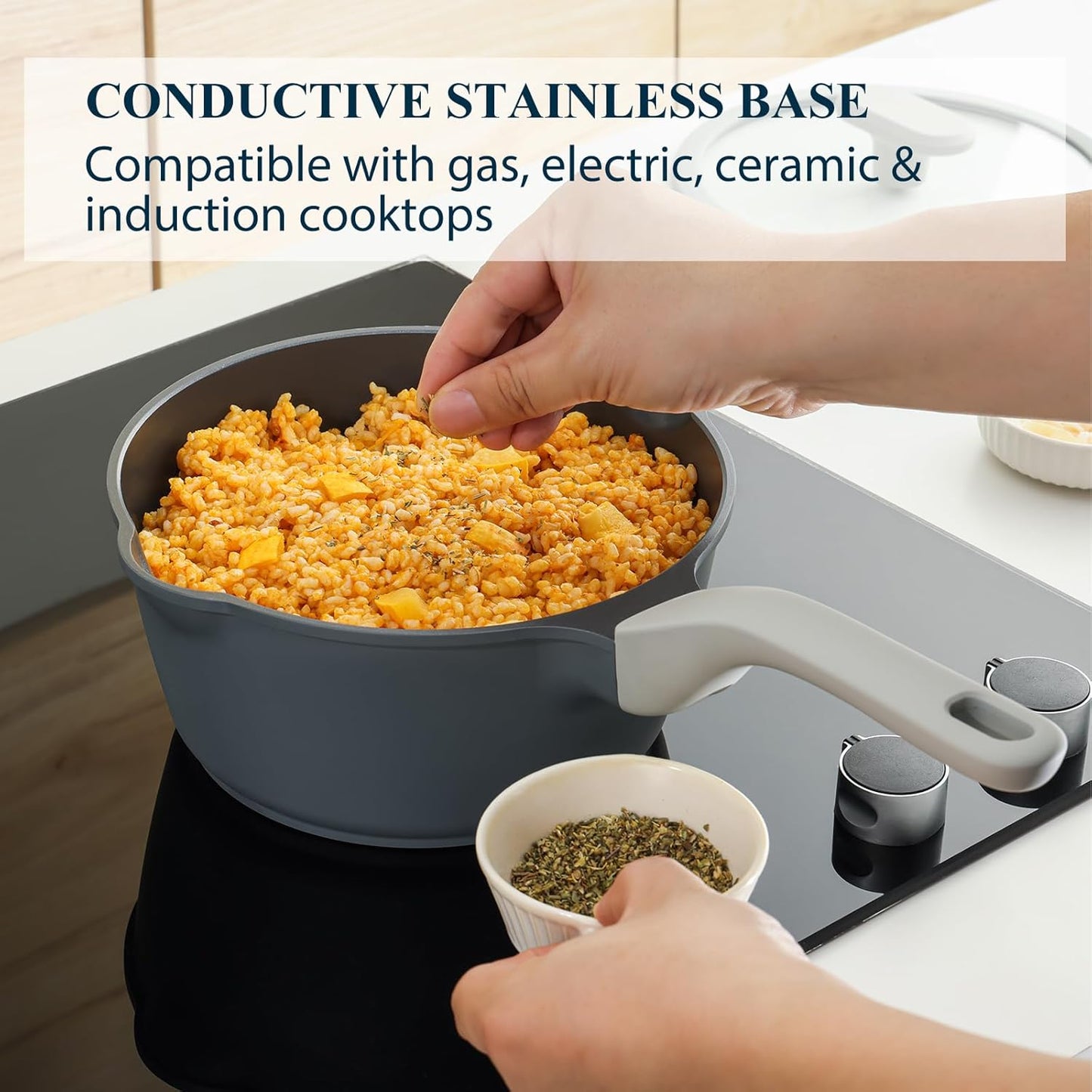 PRICUSIS Nonstick Saucepan with Lid, 2.7 Quart Ceramic Sauce Pan, Non Toxic Sauce Pot with Pour Spouts for Multipurpose Use, PTFE, PFOA & PFAS Free, Induction Compatible.