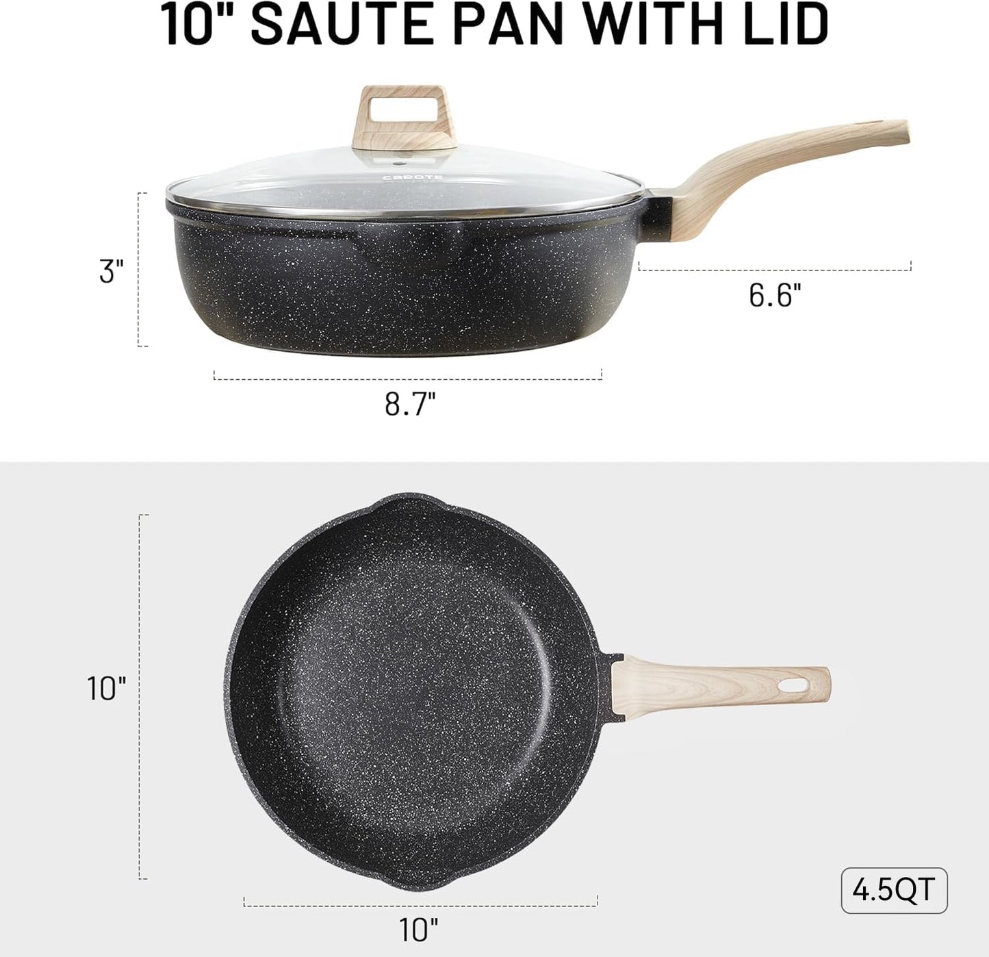 CAROTE 10Inch Nonstick Deep Frying Pan with Lid, 4.5 Qt Jumbo Cooker Saute Pan with Pour Spout, Skillet Induction Cookware, Non Stick Cooking Pan PFOA Free, Classic Granite