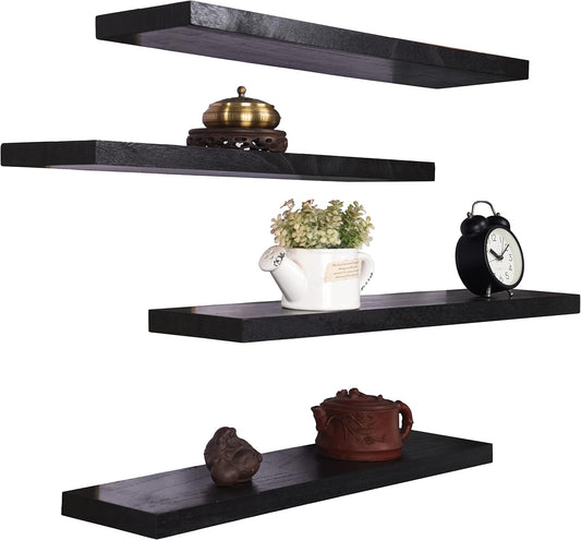 Wood Floating Shelves for Wall, Wooden Wall Shelves for Bedroom, Wall Mounted Shelves for Living Room, Set of 4 Black 24 Inch