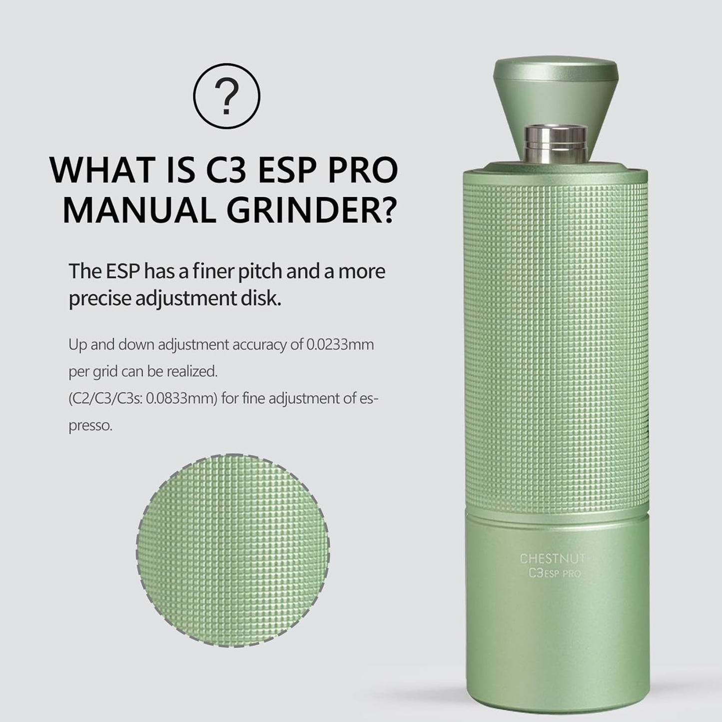 TIMEMORE Chestnut C3 ESP Pro Manual Coffee Grinder, Stainless Steel S2C Conical Burr Hand Coffee Grinder with Foldable Handle, Adjustable Grind Setting for Espresso to French Press - Green