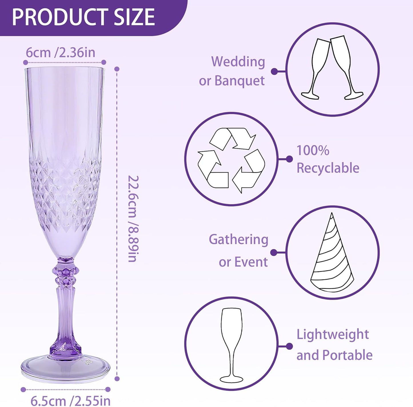 Plastic Champagne Flutes, 12PCS Purple Wine Glasses Goblets Reusable Champagne Flute for Weddings, Bachelor Parties, Toasting, and Events(12,Purple)