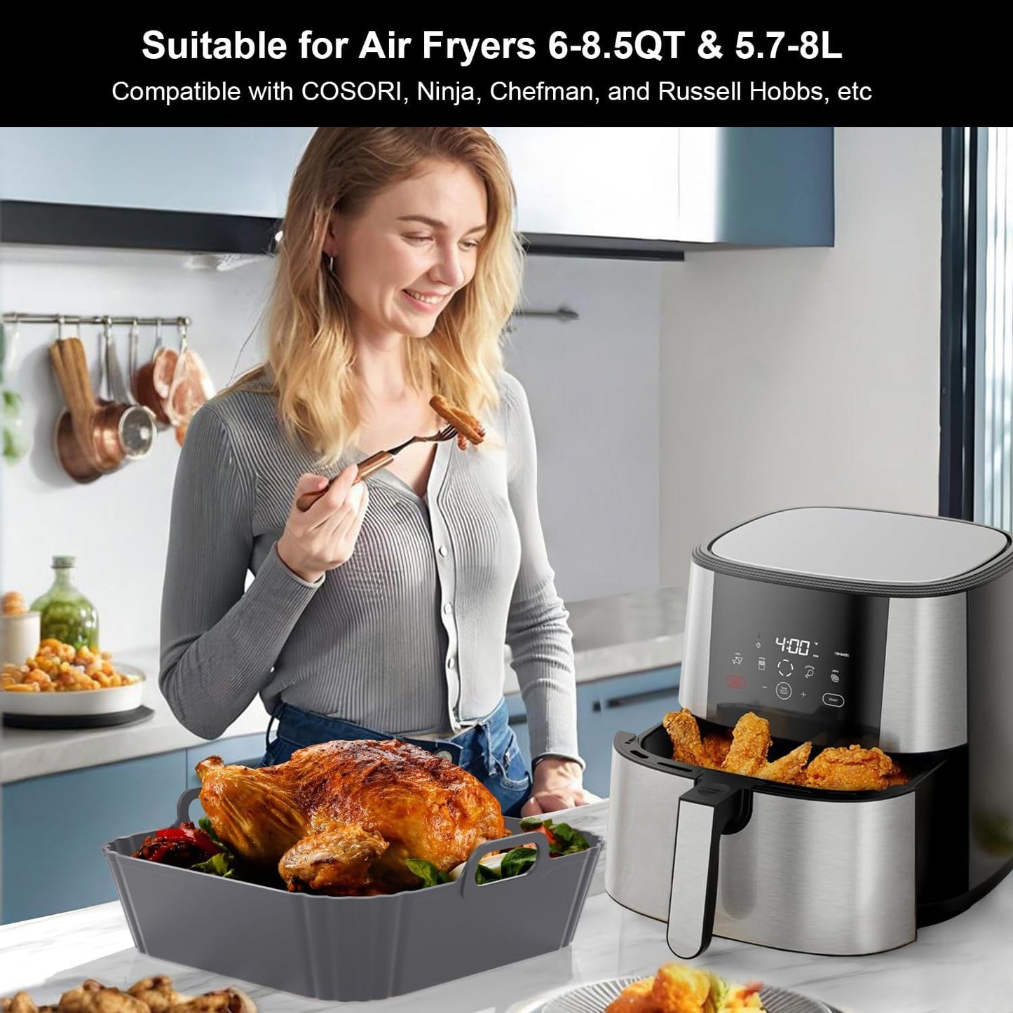 9-Inch Square Silicone Liners for Large Air Fryer 2Pack, Silicone Pot Baking Accessories for Chefman 6 to 8.5QT, Reusable Air Fryer Tray Insert for Oven Microwave Accessories