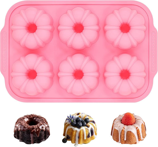 Mini Bundt Cake Pans for Baking, Silicone 6-Cavity Fluted Tube Cake Pan with Metal Reinforced Frame, Nonstick Baking Molds for Cupcake, Brownie, Donuts, Cornbread, Jello