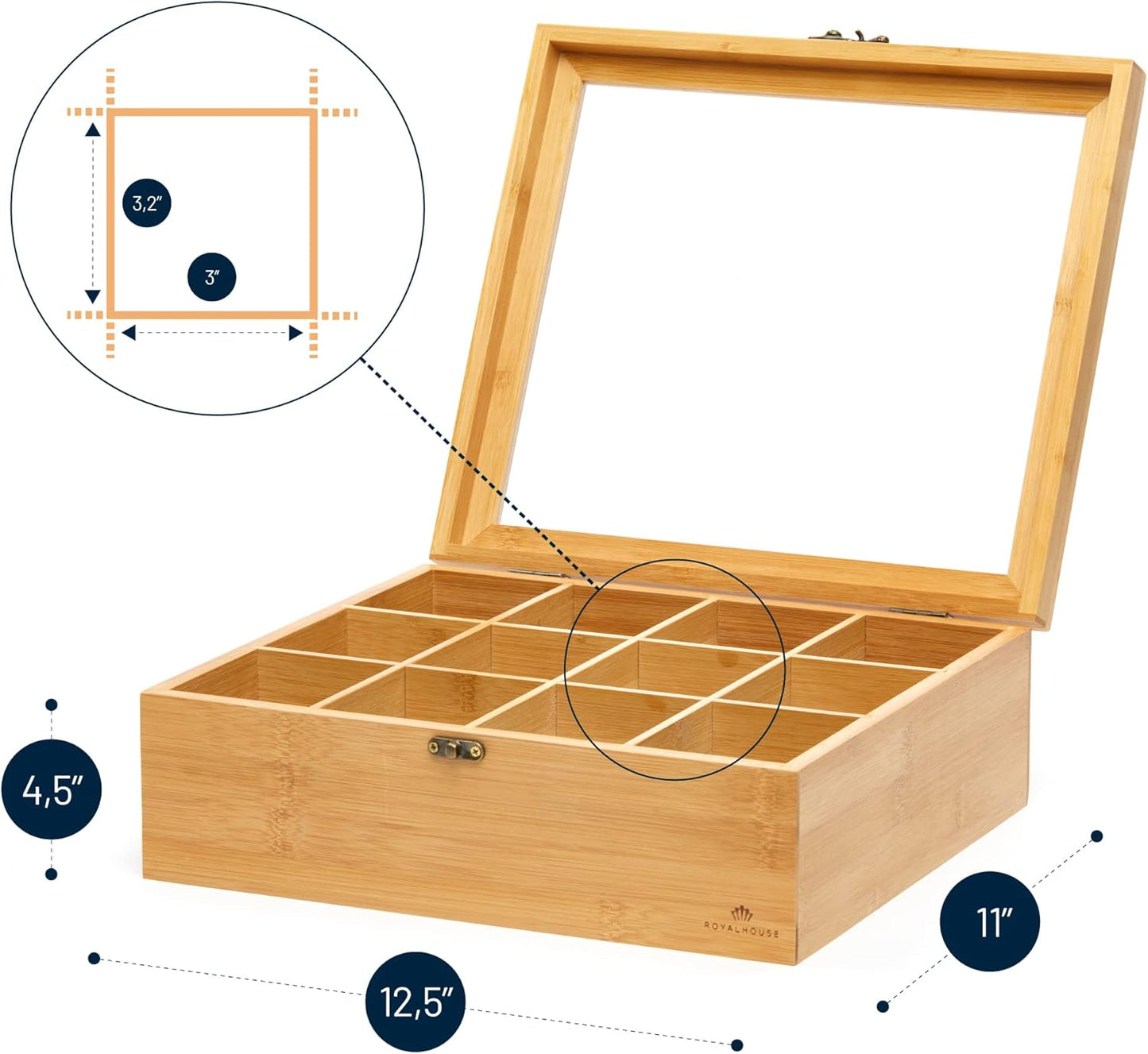 RoyalHouse Big Natural Bamboo Tea Storage Organizer with Clear Acrylic Top Window, 12 Compartments Eco-Friendly Tea Bag Holder, Multi-Functional Storage Box
