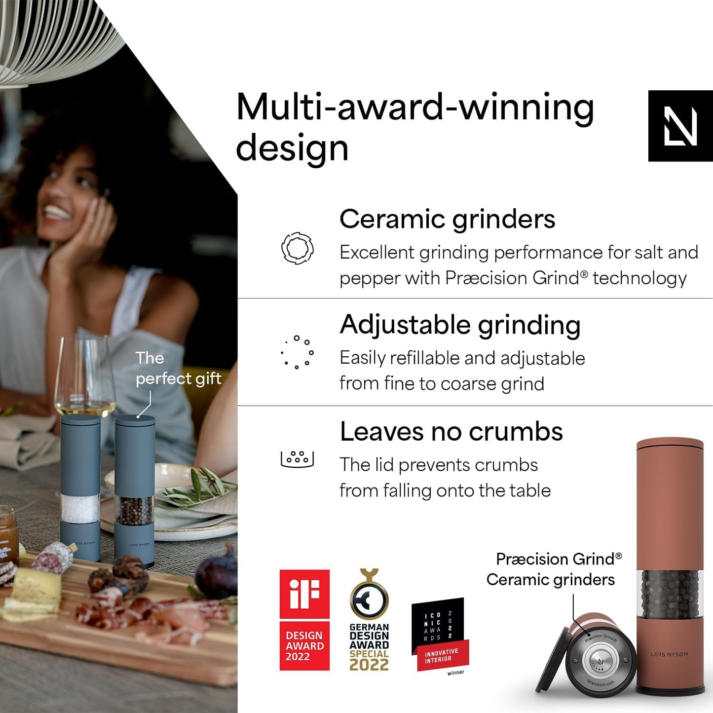 LARS NYSØM Salt and Pepper Grinder Set Manual, Stainless Steel Salt and Pepper Mills with Adjustable Ceramic Grinder I Design Spice Shakers (Brick Red)