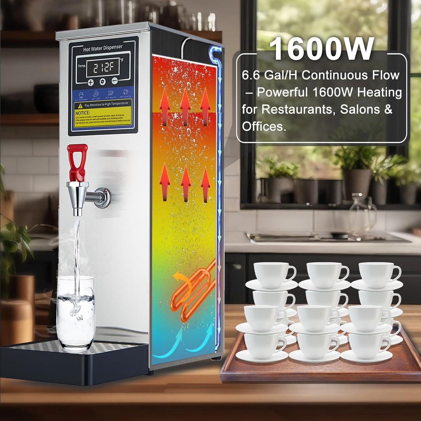 Commercial Hot Water Dispenser Stainless Steel Commercial Water Boiler 1600W Quick Heating 6.6 Gallons/Hour Output Commercial Water Machine for Office, Café, Tea, Catering