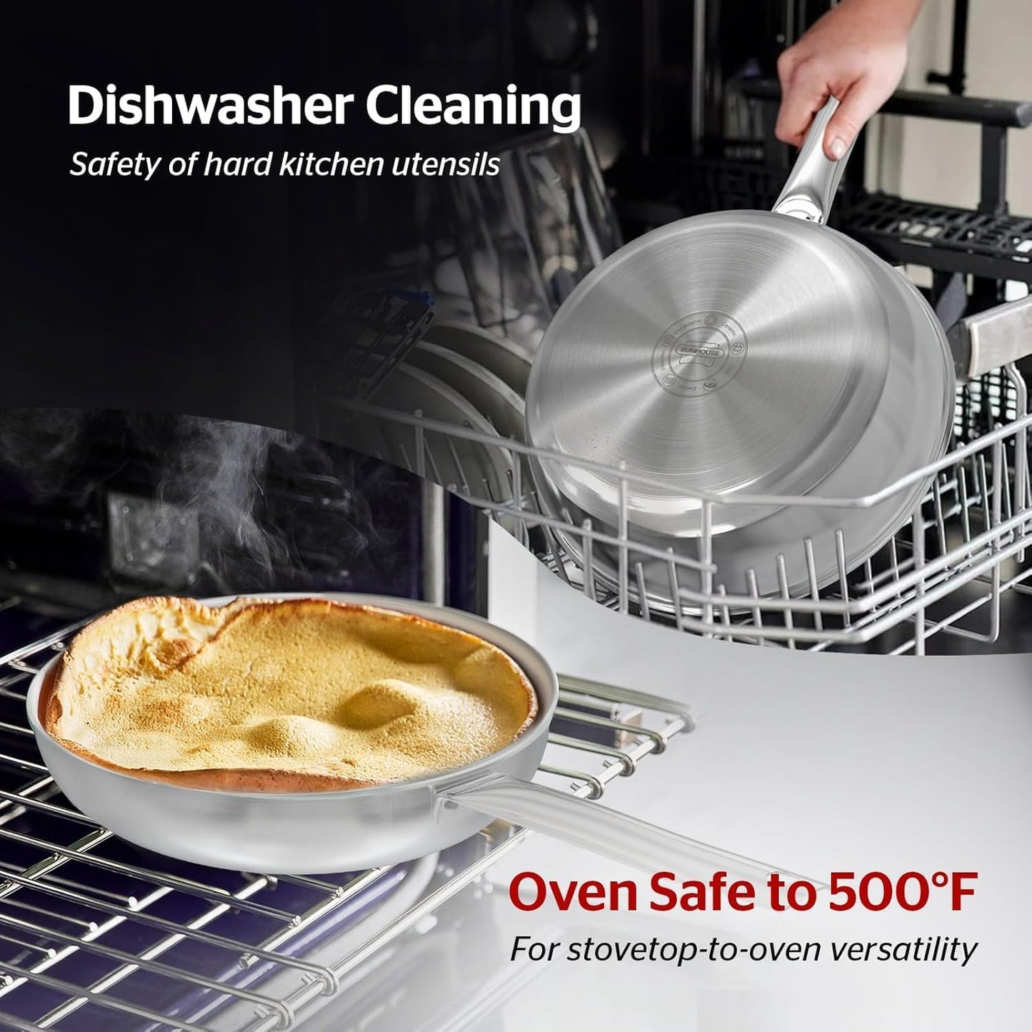 Sunhouse 18/10 10 Inch Stainless Steel Frying Pan, Whole-Clad No Coatings Skillet with Stay-cool Handle for Cooking, Durable & Oven Safe to 500°F, Dishwasher Safe, Compatible with All Cooktops