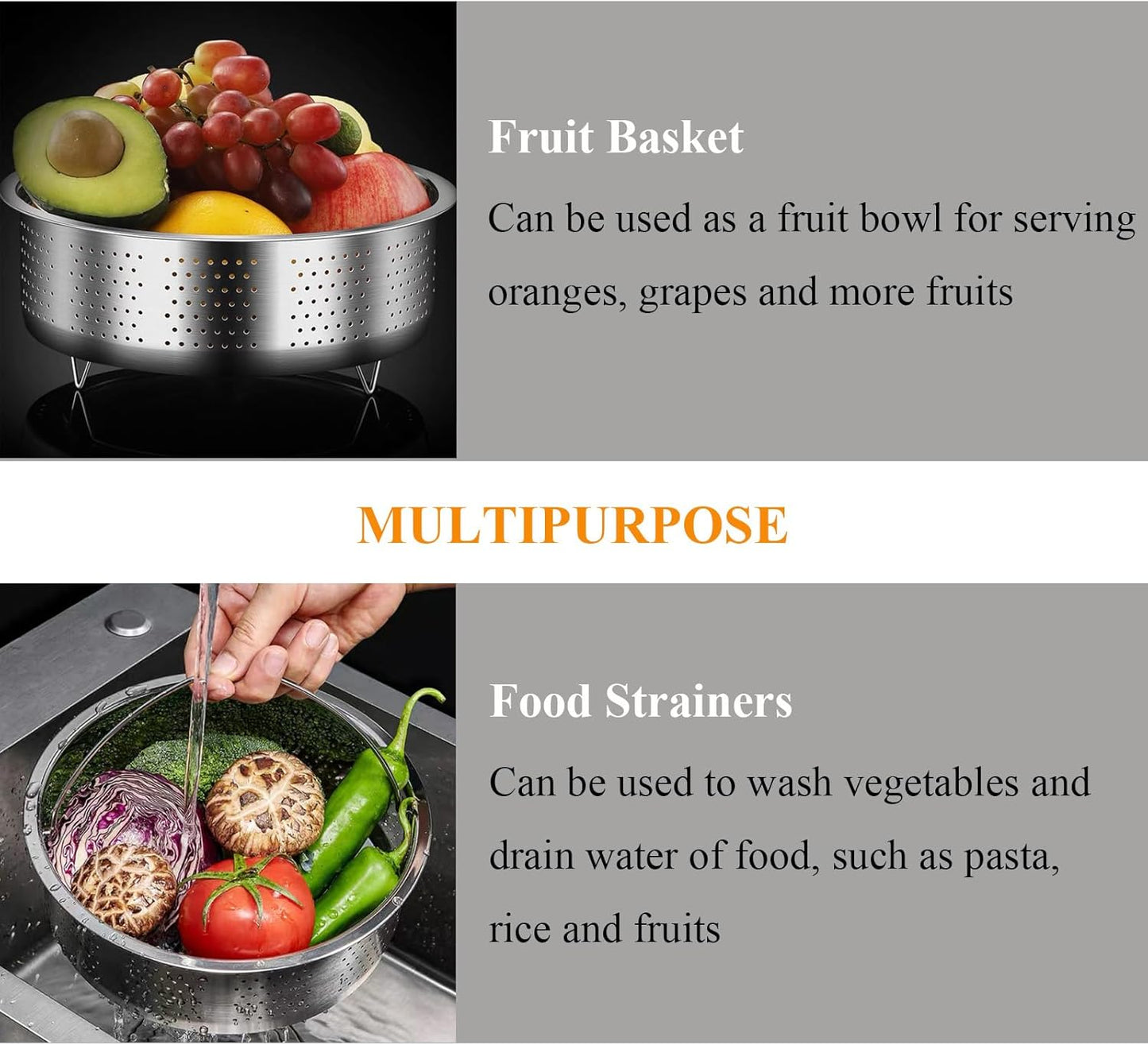 Vegetable Steamer Basket, Stainless Steel, Round, Silver, 8.6in