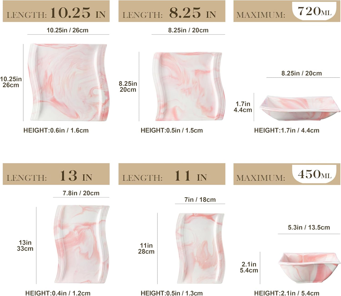 MALACASA Plates and Bowls Sets, 26 Pieces Pink Dinnerware Sets for 6, Porcelain Dinnerware Set with Dinner Plates and Bowls, Serving Platters, Square Dishware Sets, Modern Dish Set, Series Flora