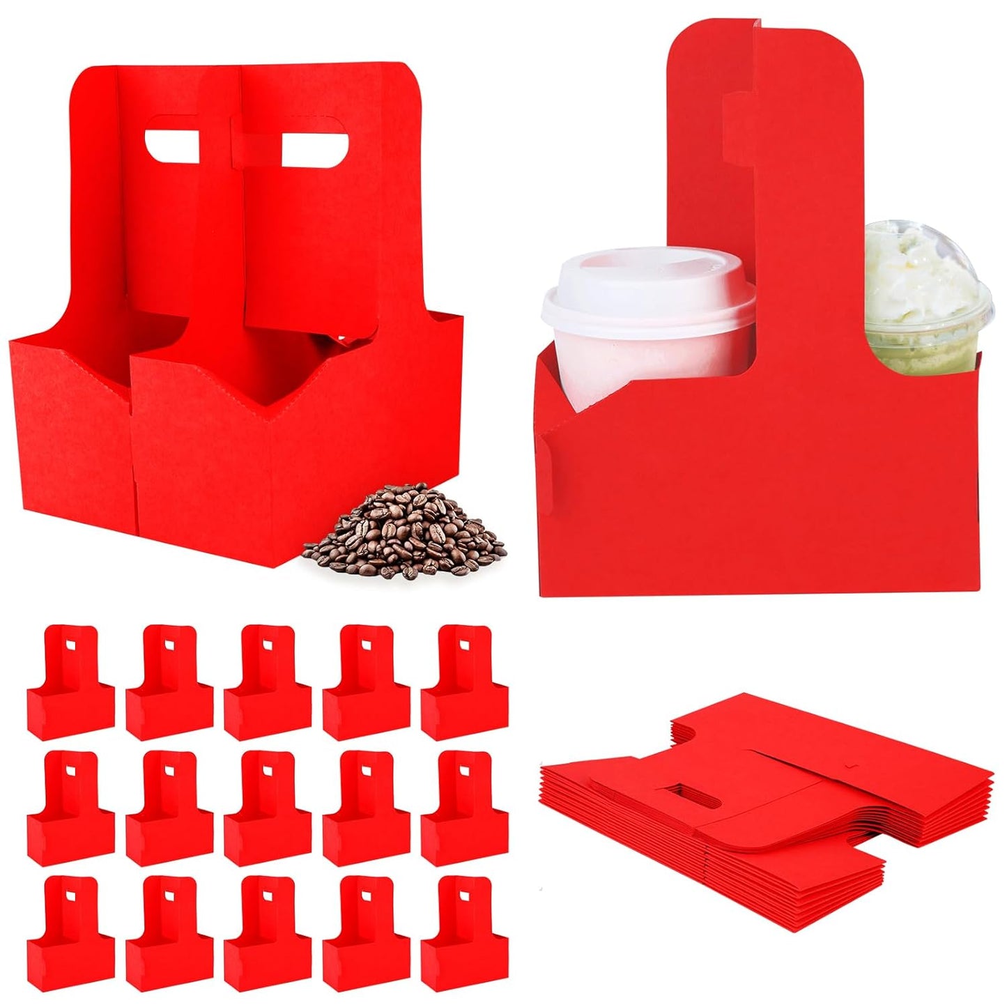 Bodaon 2 Cup Drink Carrier with Handle, 15 Pcs Cardboard Cup Holders, Disposable Drink Carriers for Delivery, Kraft Paper Coffee Cup Holder to Go, Take Out Cup Carriers for Hot/Cold Drinks