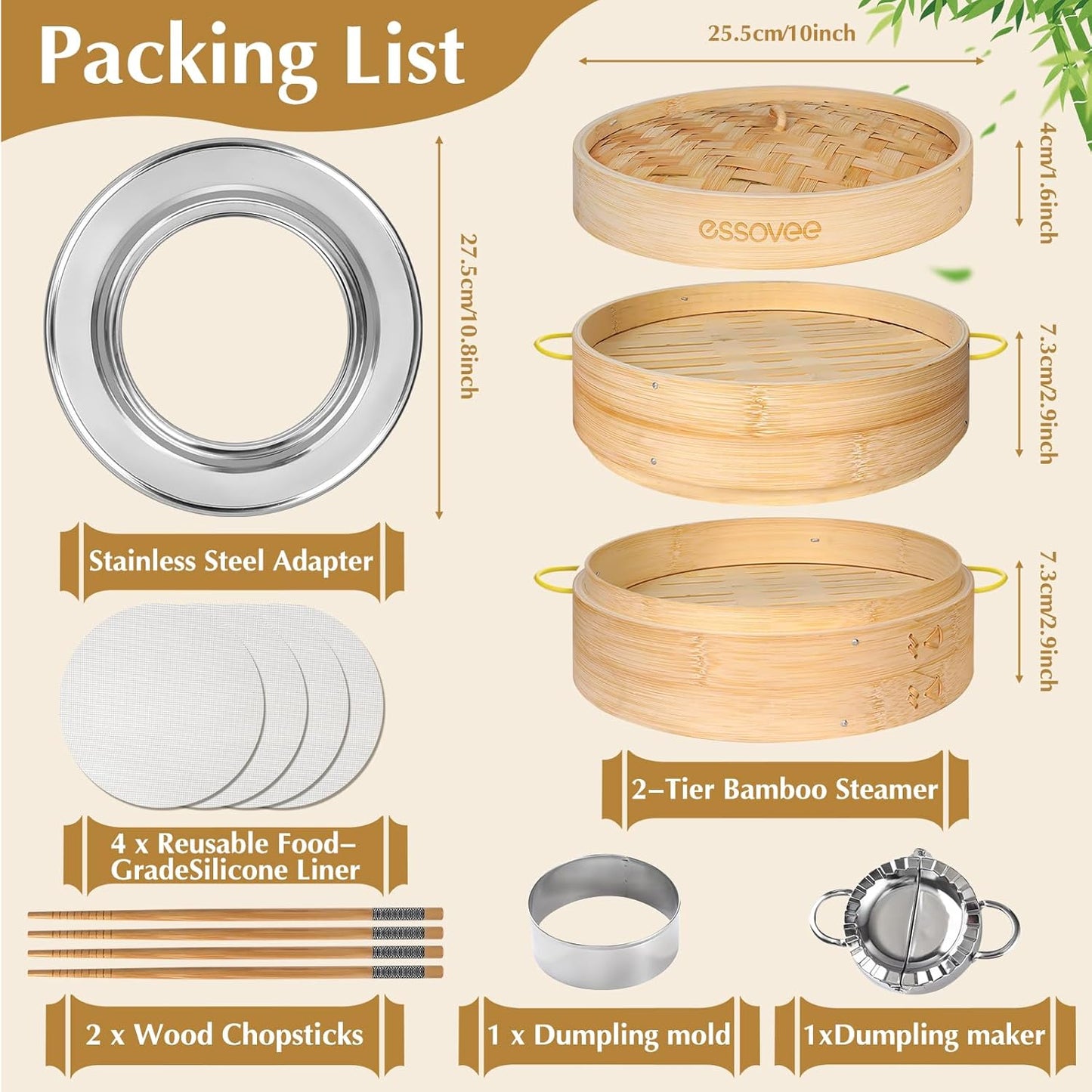 Bamboo Steamer 2 Tier 10-Inch Steaming Basket with Handle, Bun Vegetable Steam, Dumpling Steamer Bamboo Steam Basket, Chopsticks, Reusable Silicone Liner, Ring Adapter, for Chinese Asian Cuisine