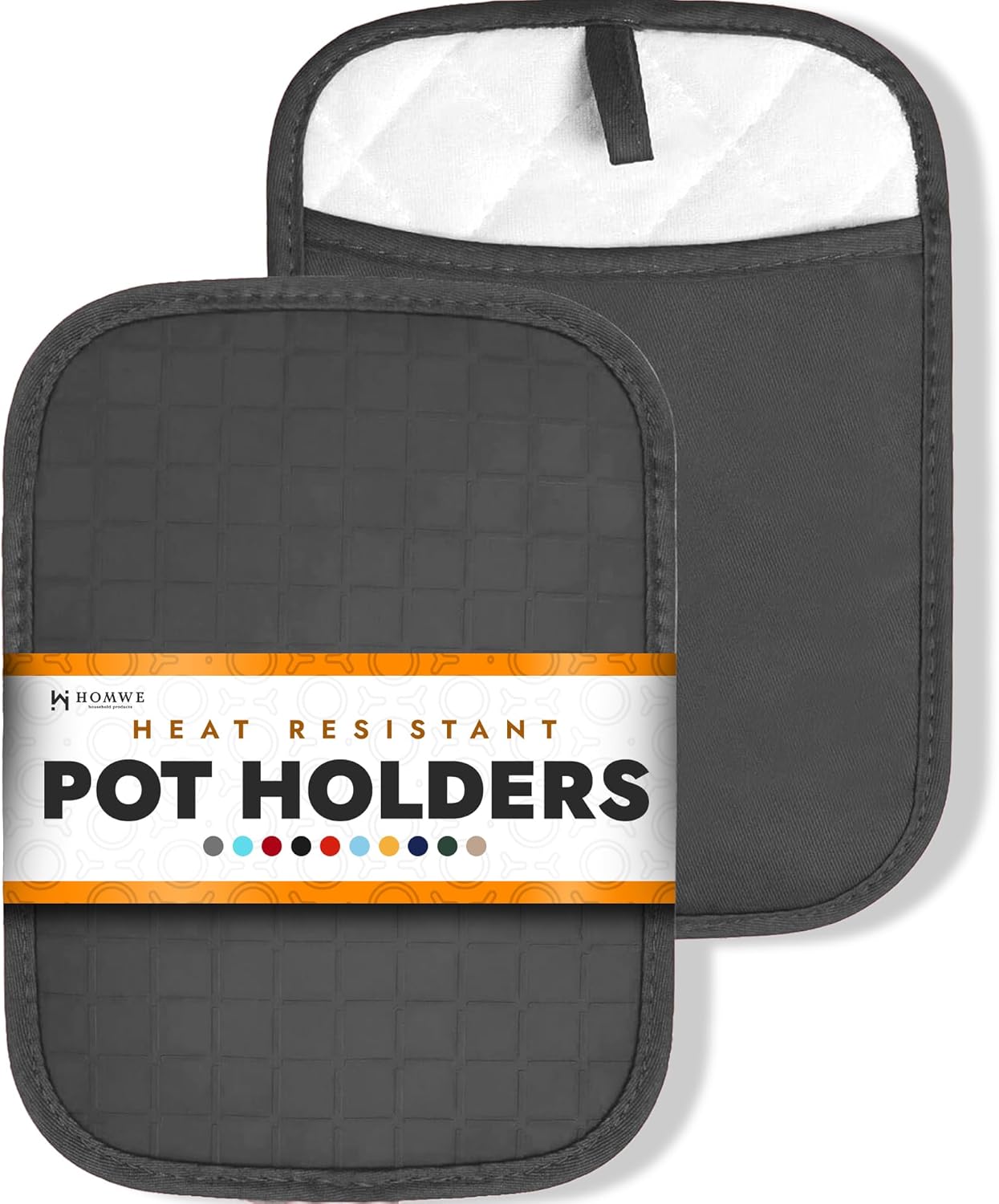 HOMWE Silicone Kitchen Pot Holders with Pockets, 2 Pc Set Trivet, Steam and Heat Resistant Hand and Countertop Protection Hot Pads, Non-Slip Grip potholders, Terrycloth Interior Lining, Gray
