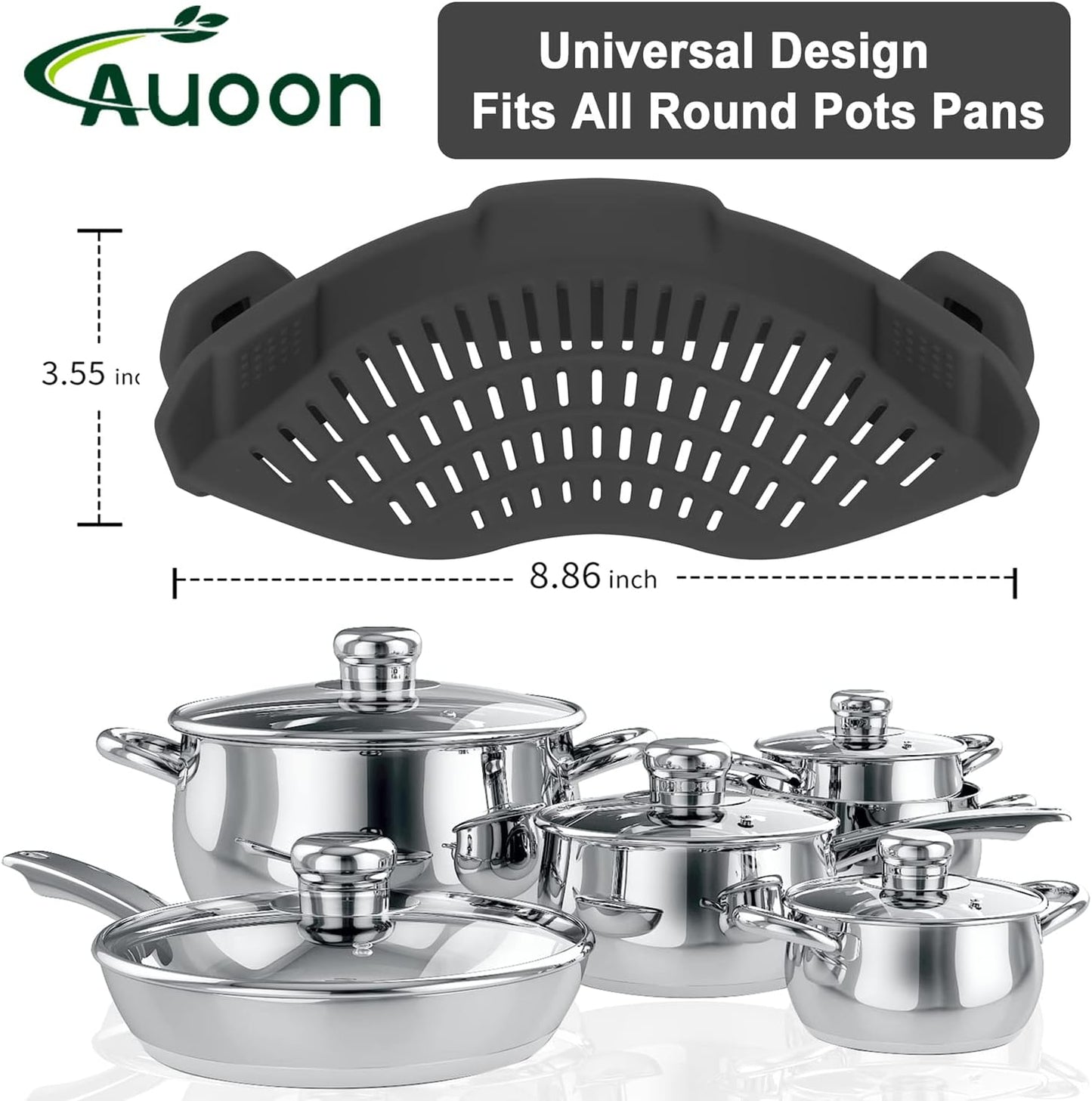 AUOON Clip On Strainer Silicone for All Pots and Pans, Pasta Strainer Clip on Food Strainer for Meat Vegetables Fruit Silicone Kitchen Colander (Gray)