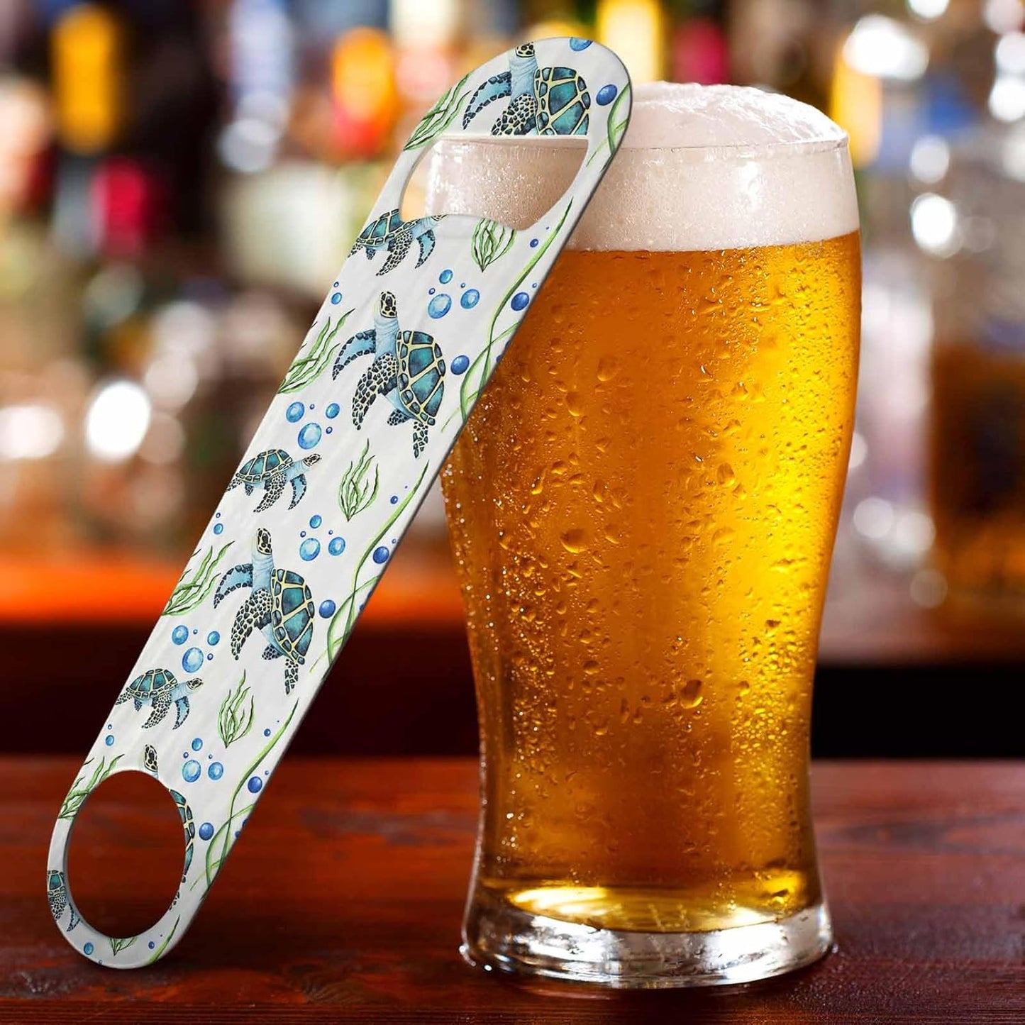 Watercolor Turtles Stainless Steel Bottle Opener Swimming Green Seaweed Blisters Freedom Leisure Ocean Animals Flat Beer Bottle Opener Keychain for Home Kitchen Bar Restaurant Party Gift