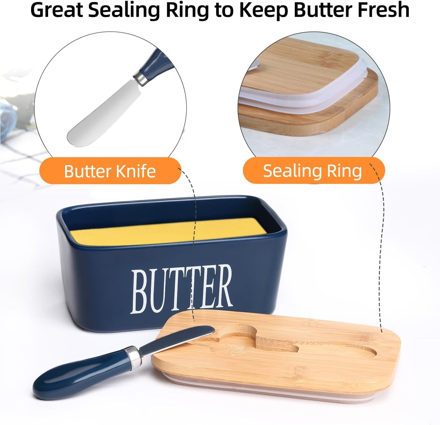 Ceramic Butter Dish with Wooden Lid, Large Butters Container Keeper Storage with Stainless Steel Knife Spreader, Bamboo Cover and Silicone Sealing Ring for West East Coast, Blue