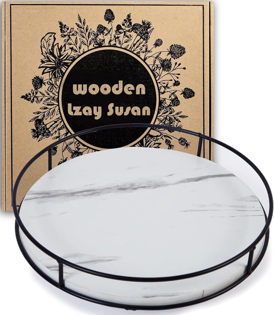 9 Inch White Wood Lazy Susan - Rustic Brown Turntable Organizer with Steel Frame, 360 Degree Decorative Turntable for Countertop or Centerpieces