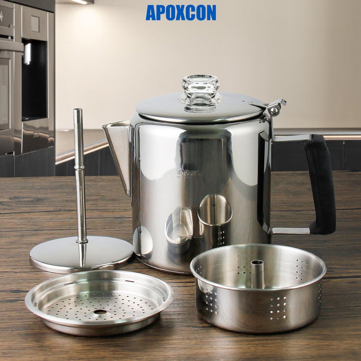 Multi Use Percolator Coffee Pot Stainless Steel Stove Top Coffee Maker with Two Tough Borosilicate Glass Knob Silica Handle Camping Coffee Pot Using on Campfire Stove & Induction Cooker Silver 6 Cup