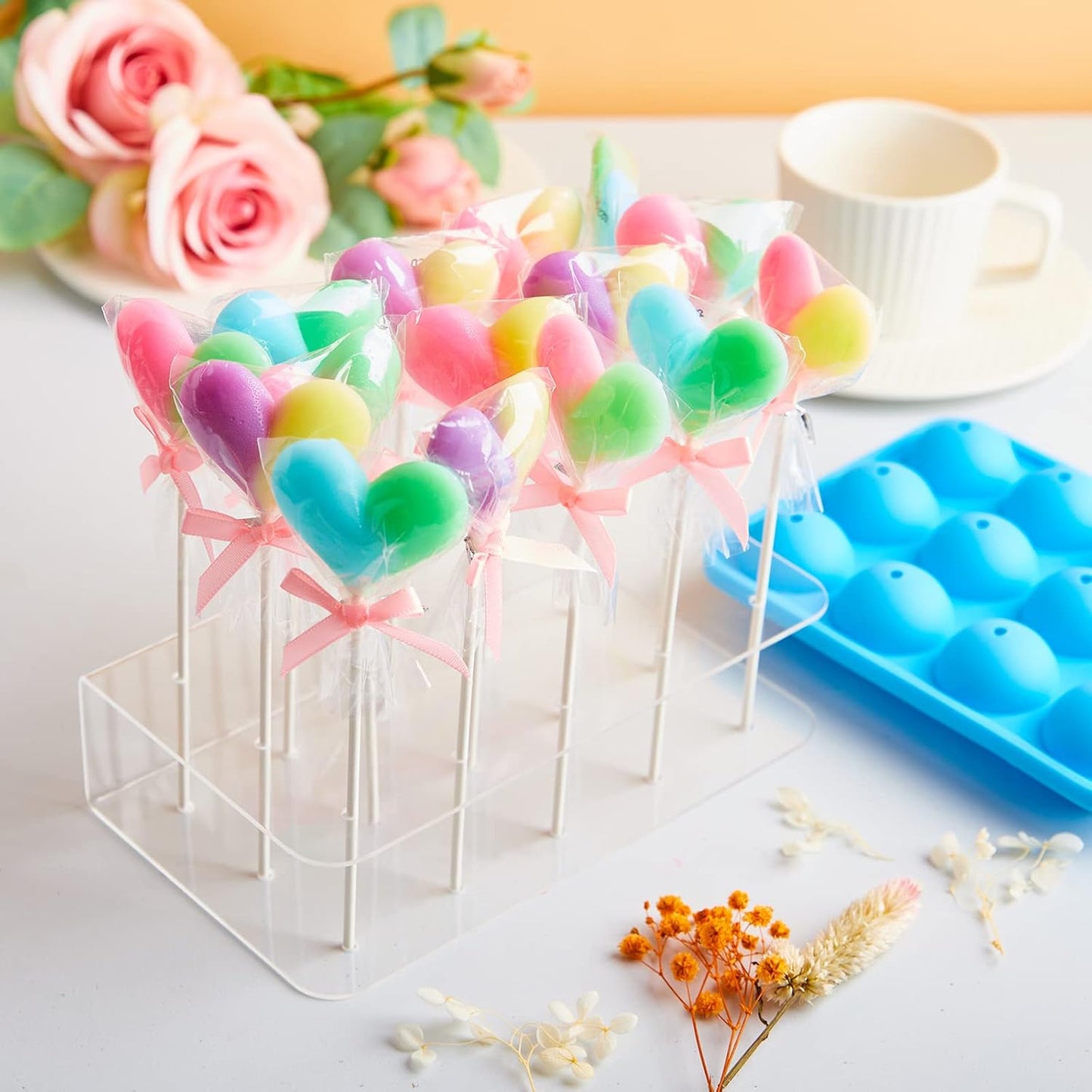 Kucoele Cake Pop Mold Set, Including 15 Hole Clear Acrylic Lollipop Display Stand Holder, 12 Cavity Blue Silicone Cake Pop Mold, Cake Pop Sticks Treats Bags and Twist Ties