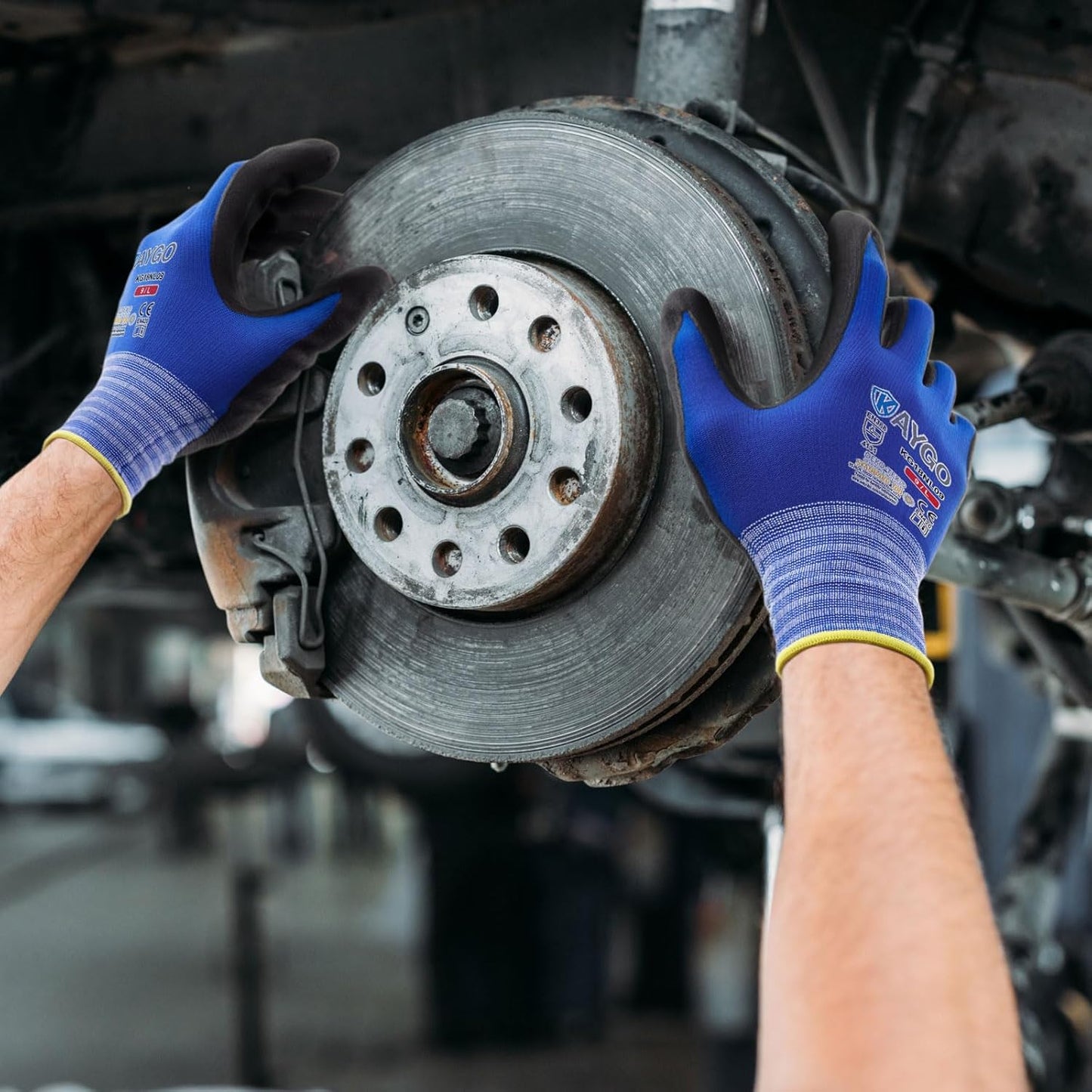 KAYGO Safety Work Gloves MicroFoam Nitrile Coated-3 Pairs, KG18NB,Seamless Knit Nylon Glove with Black Micro-Foam Nitrile Grip,Ideal for General Purpose,Automotive,Home Improvement,Blue XX-Large