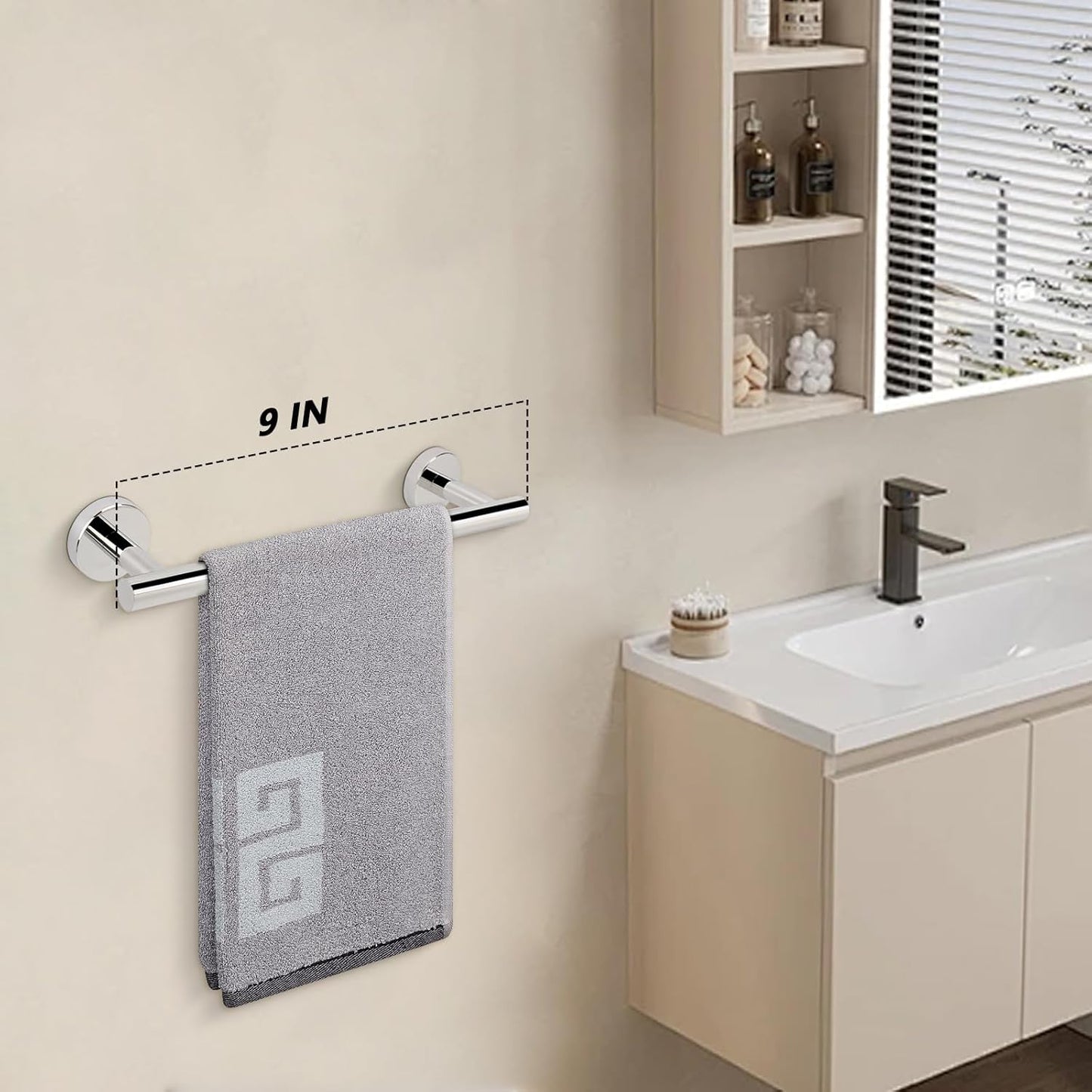 NearMoon Bath Towel Bar, Bath Accessories Thicken Stainless Steel Shower Towel Rack for Bathroom, Towel Holder Wall Mounted (1 Pack, Chrome Finish, 9 Inch)