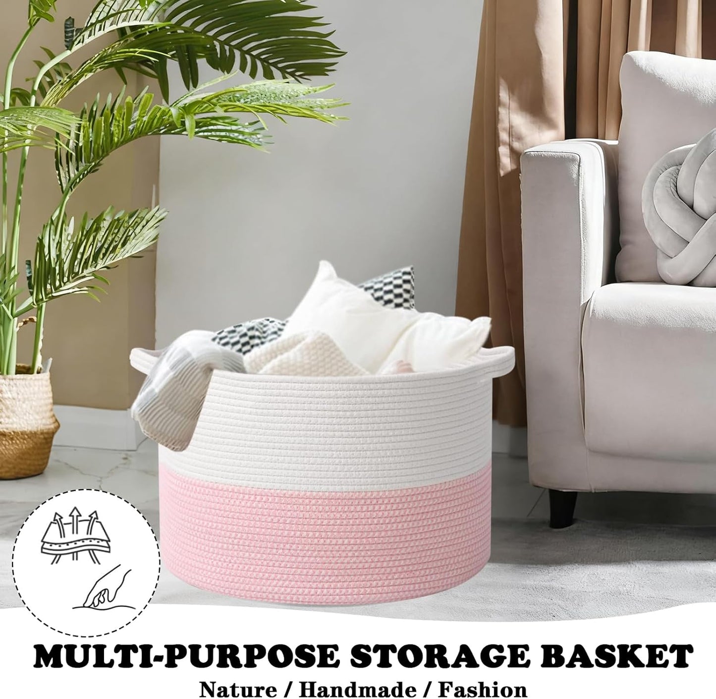 Large Blanket Basket for Organizing,65L Closet Organizers and Storage Bins Box for Shelves Woven Rope Storage Baskets,Living Room,Bedroom,Dorm,Laundry room (White&Pink)