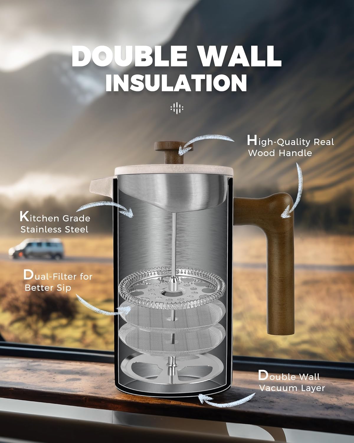 POLIVIAR French Press Coffee Maker, 34 Ounce Coffee Press with Real Wood Handle, Double Wall Insulation & Dual-Filter Screen, Food Grade Stainless Steel for Good Coffee and Tea JX2023-FPLM