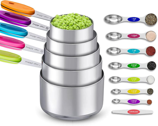 13-Piece Measuring Cups and Magnetic Spoons Set, 5 Stainless Steel Measuring Cups, 7 Double-Sided Magnetic Measuring Spoons & 1 Leveler for Cooking and Baking (5+7+1)