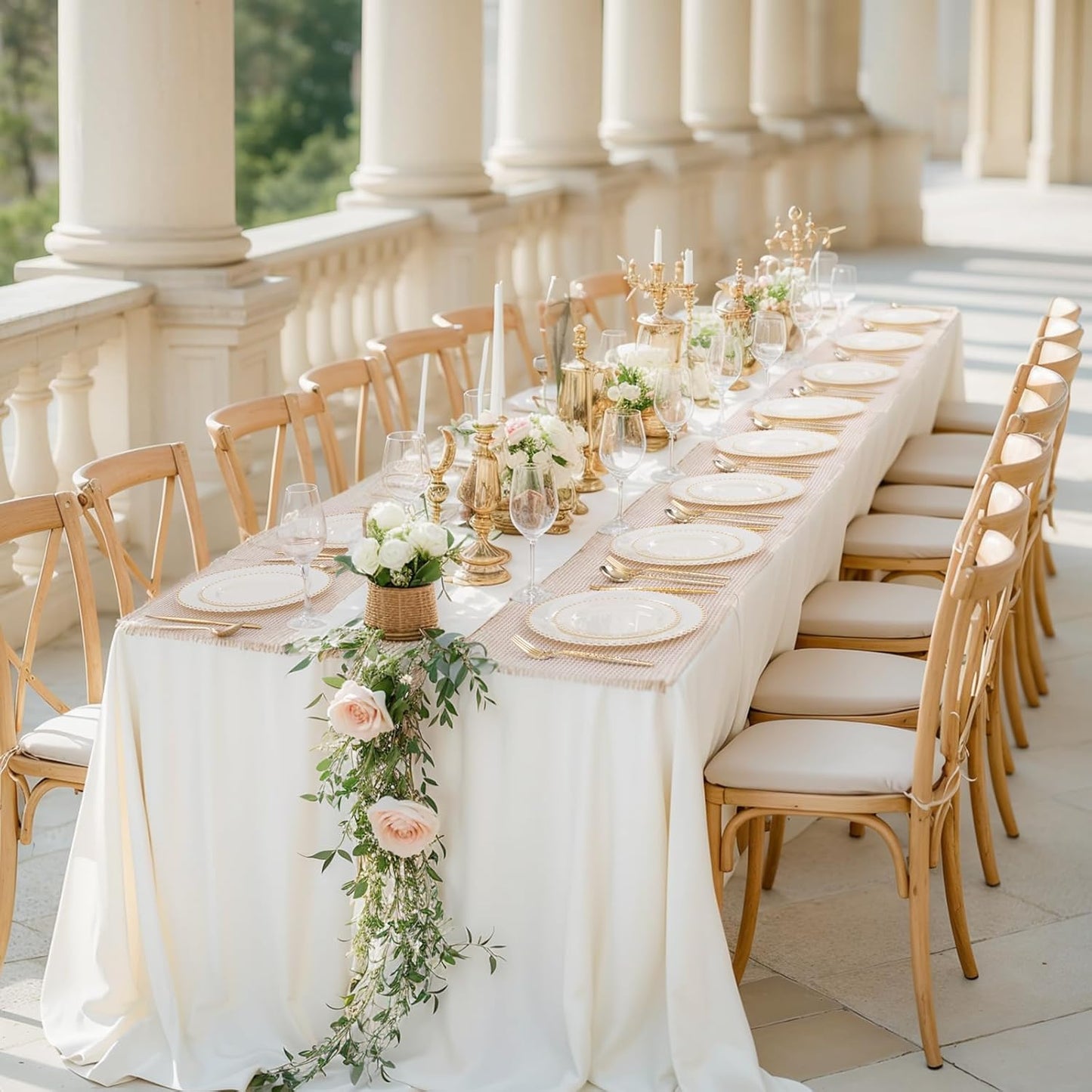 supernal 100pcs Ivory Plastic Plates with Gold Beads - Heavy Duty Elegant Disposable Plates Set Include 50 Cream Plastic Dinner Plate and 50 Dessert Plate Perfect for Wedding, Birthday & Party