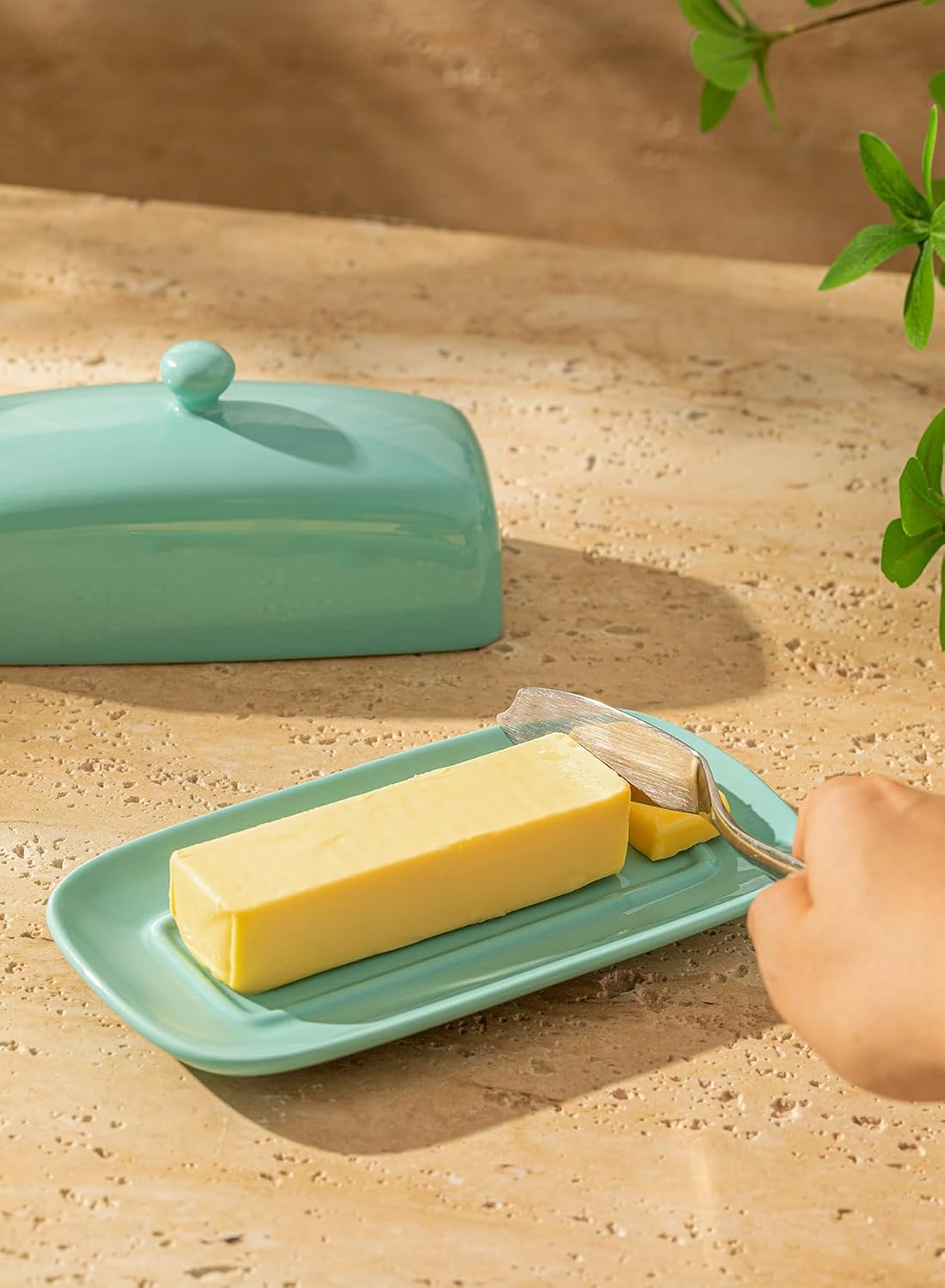 Sweese Butter Dish with Lid, Porcelain Butter Keeper, 7.8 Inch Butter Holder with Handle Cover, Butter Container Perfect for East West Coast Butter, Turquoise